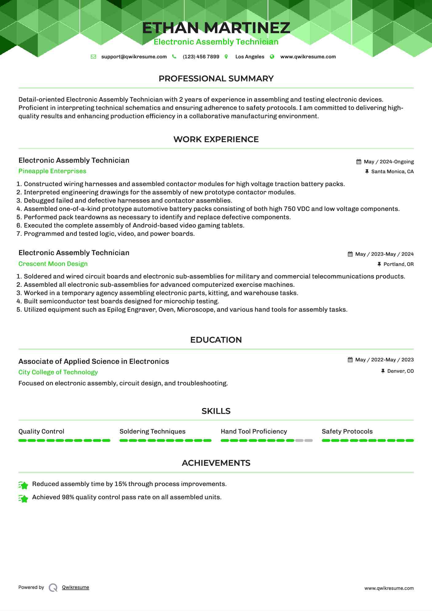 Electronic Assembly Technician Resume Template