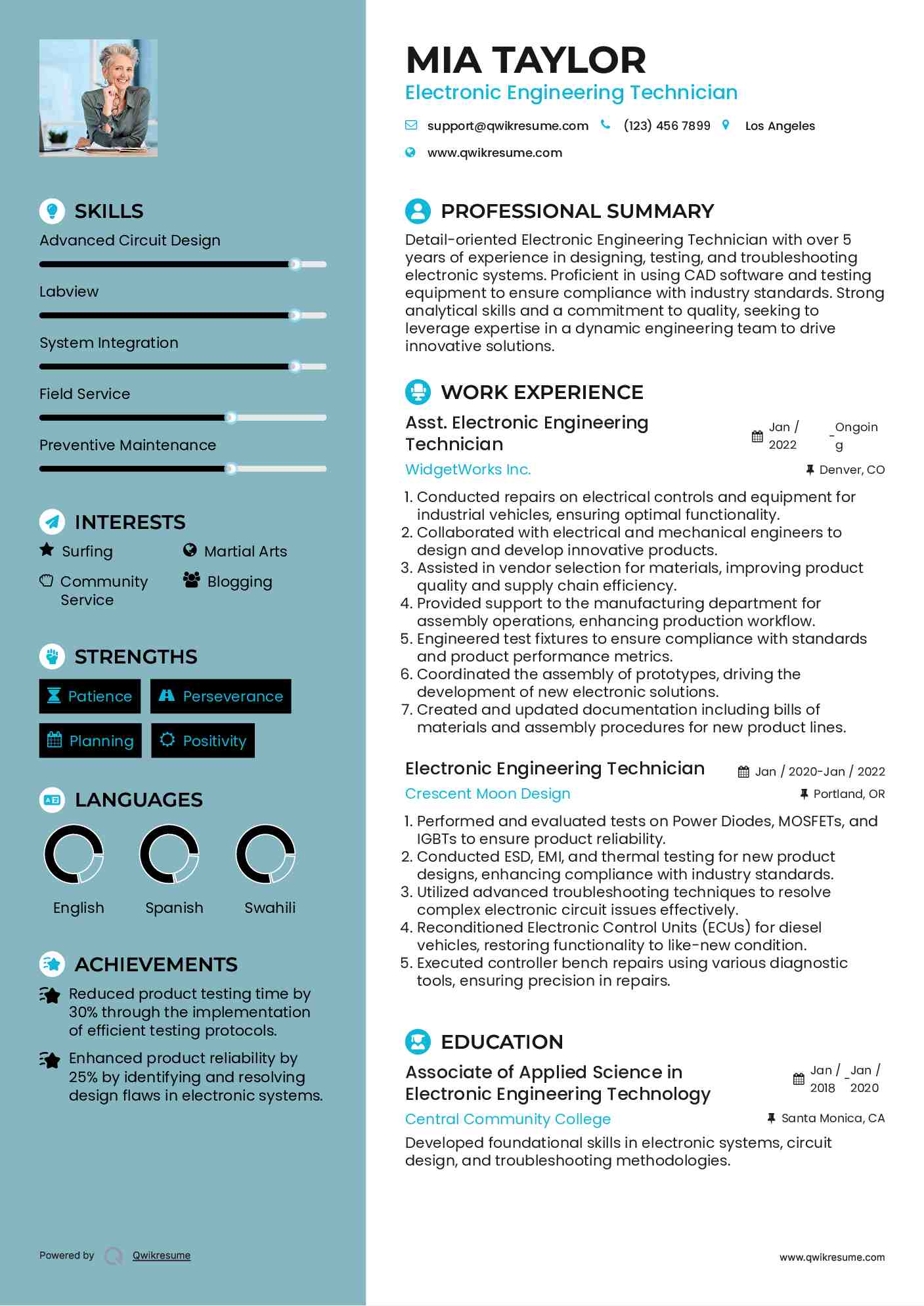 Asst. Electronic Engineering Technician Resume Model
