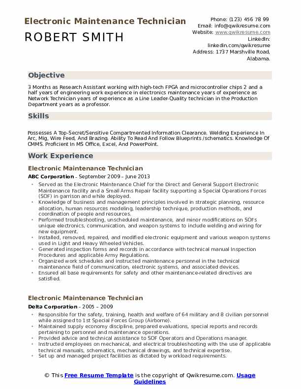 Electronic Maintenance Technician Resume Samples QwikResume