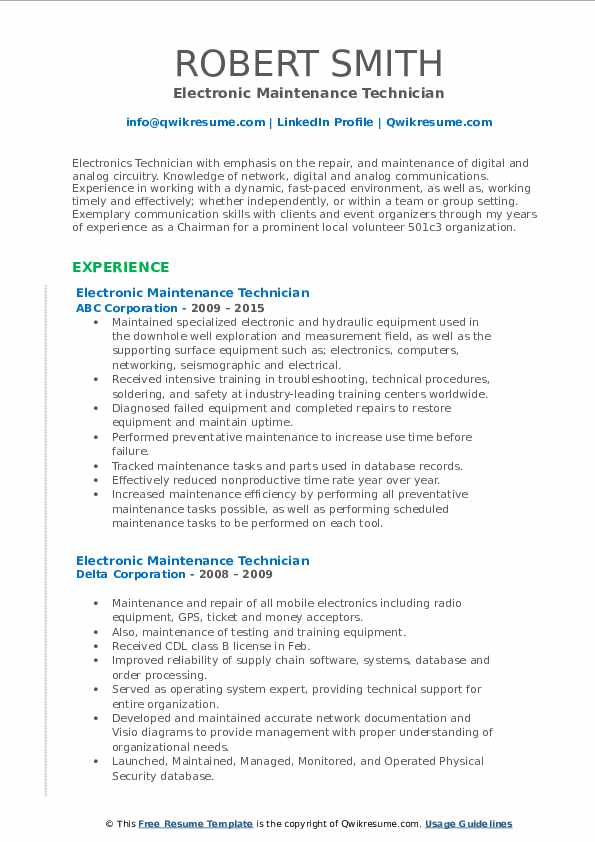 Electronic Maintenance Technician Resume Samples QwikResume