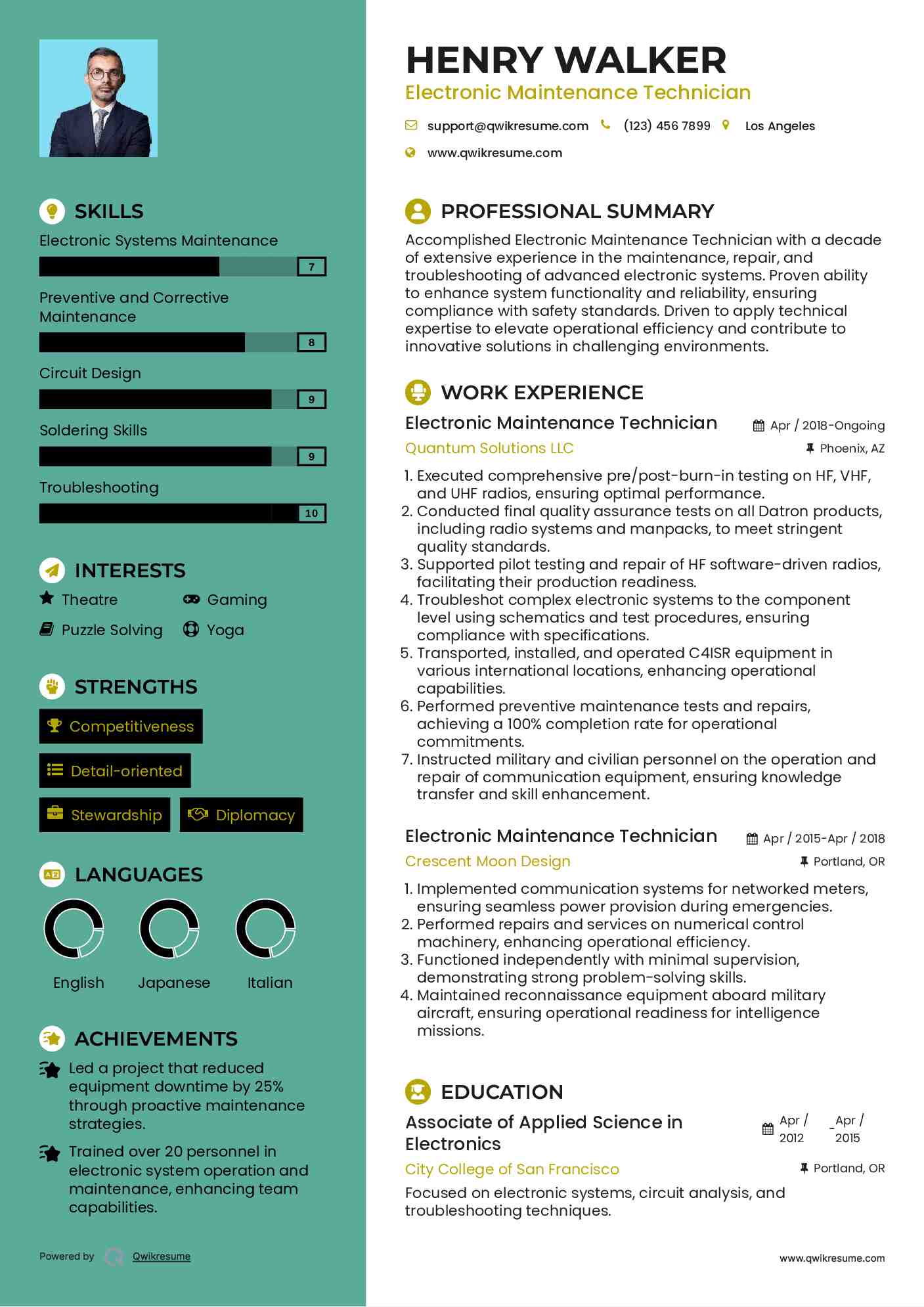 Electronic Maintenance Technician Resume Example