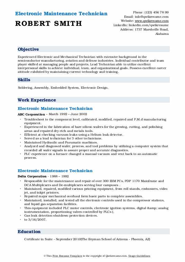 Electronic Maintenance Technician Resume Samples QwikResume