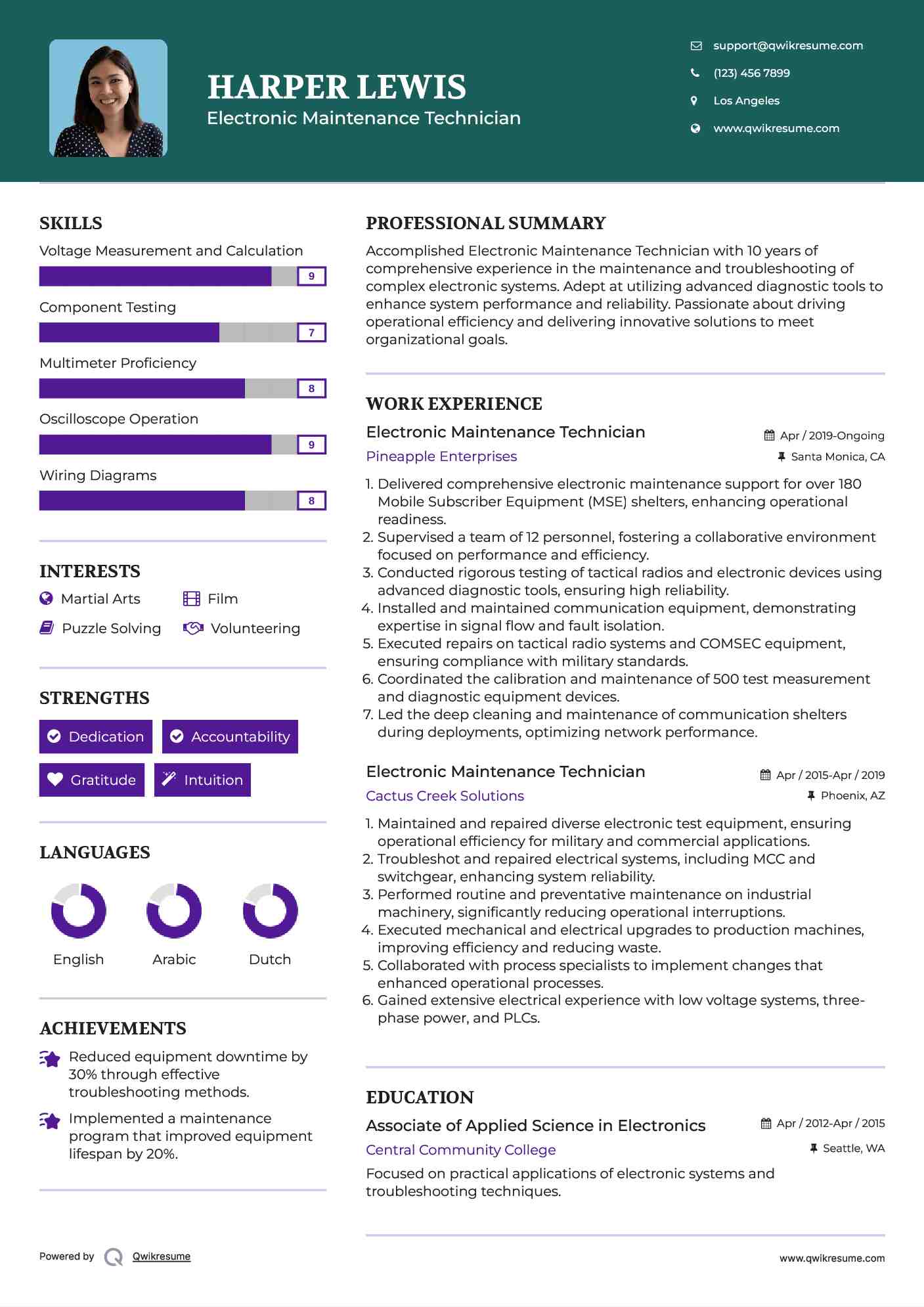 Electronic Maintenance Technician Resume Example