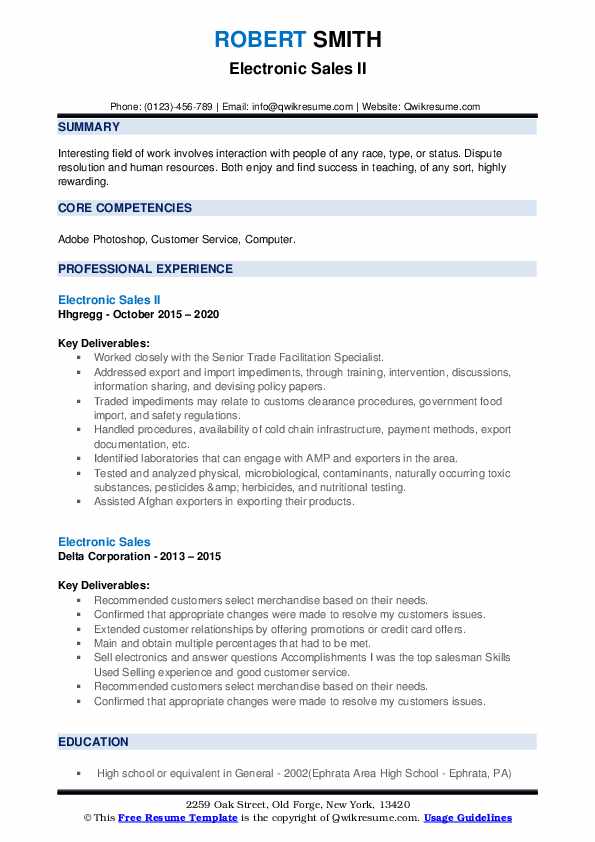 Electronic Sales Resume Samples QwikResume