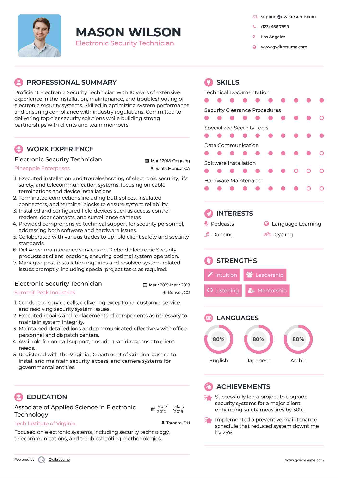 Electronic Security Technician Resume Sample