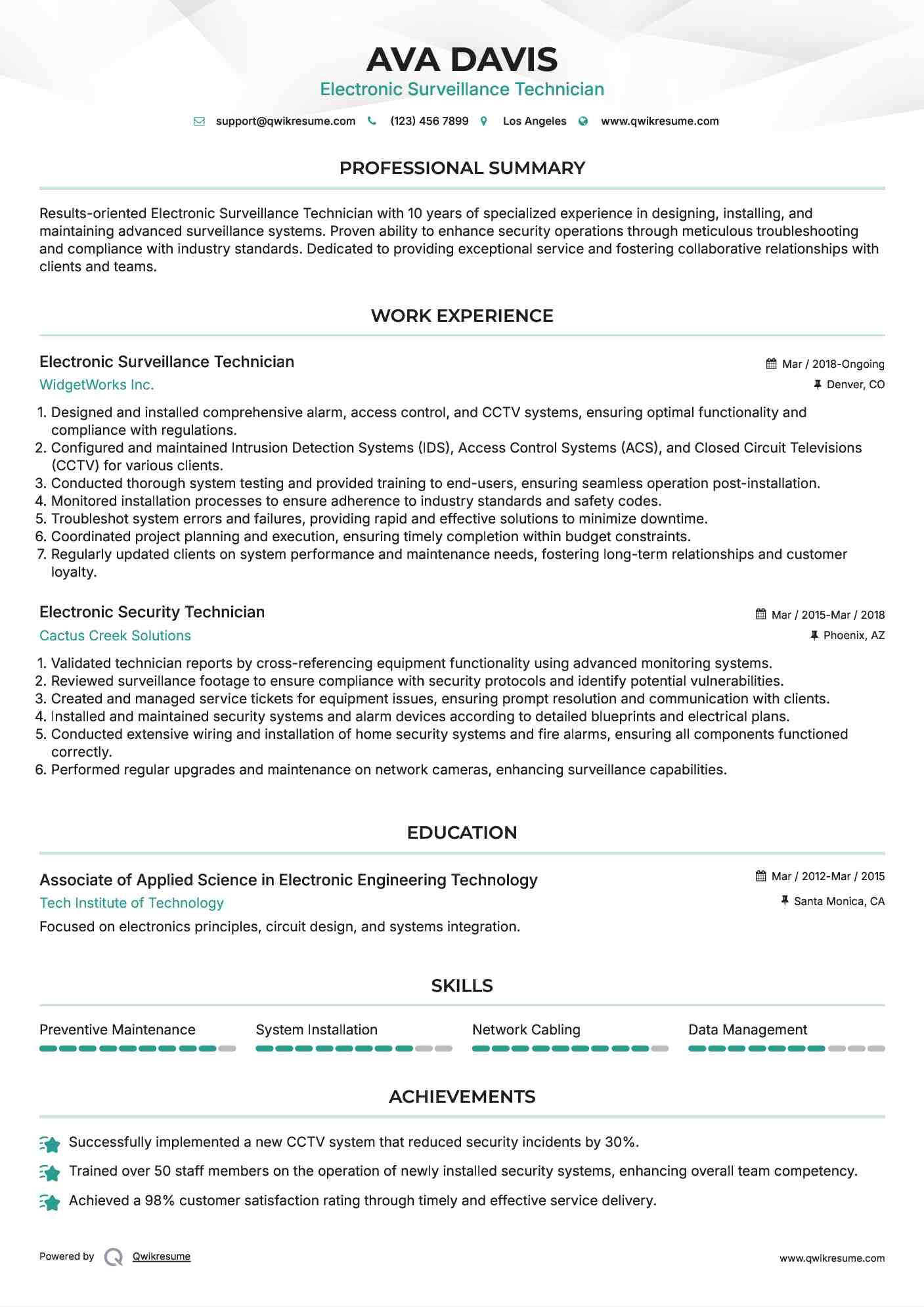 Electronic Surveillance Technician Resume Model