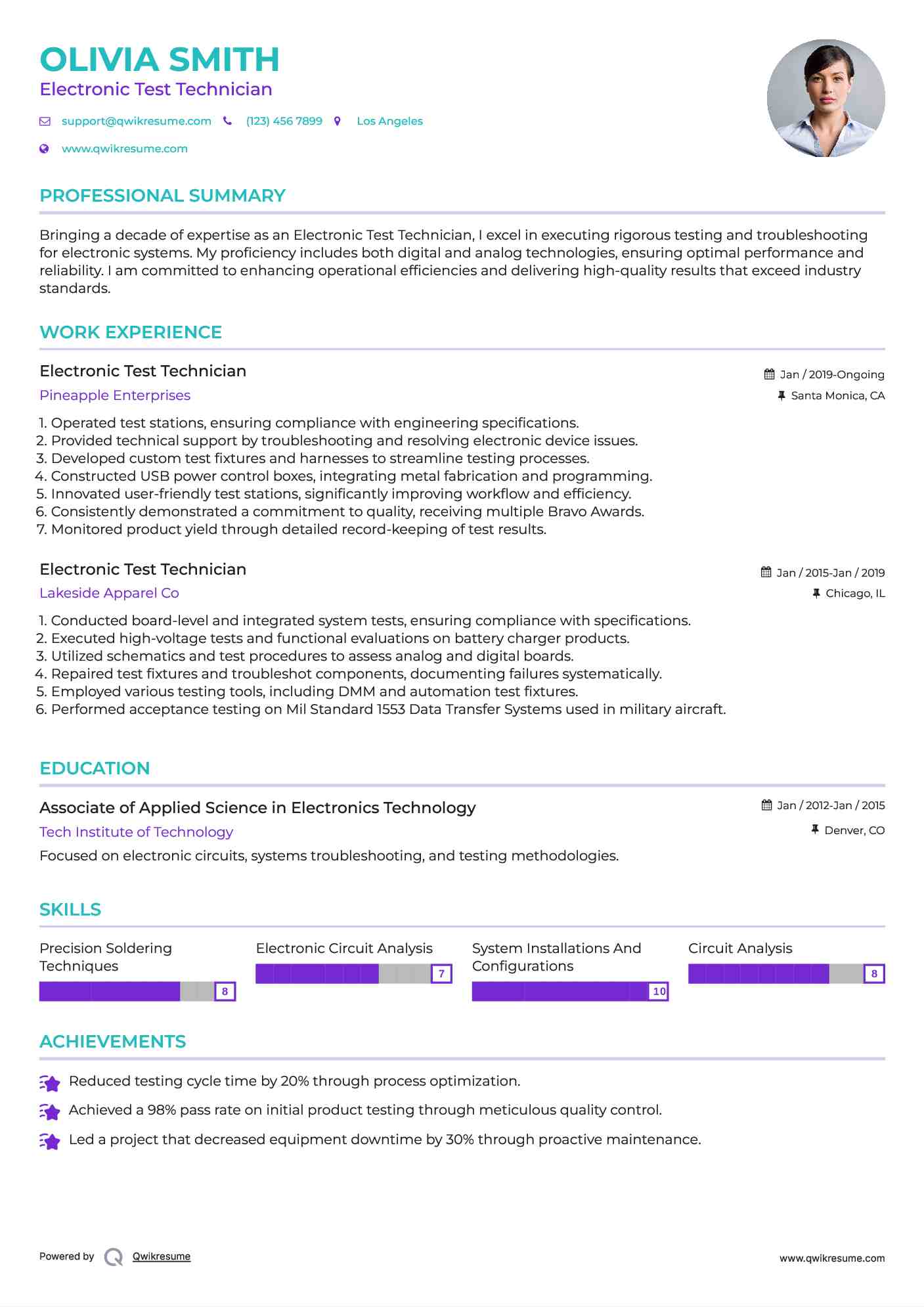 Electronic Test Technician Resume Sample