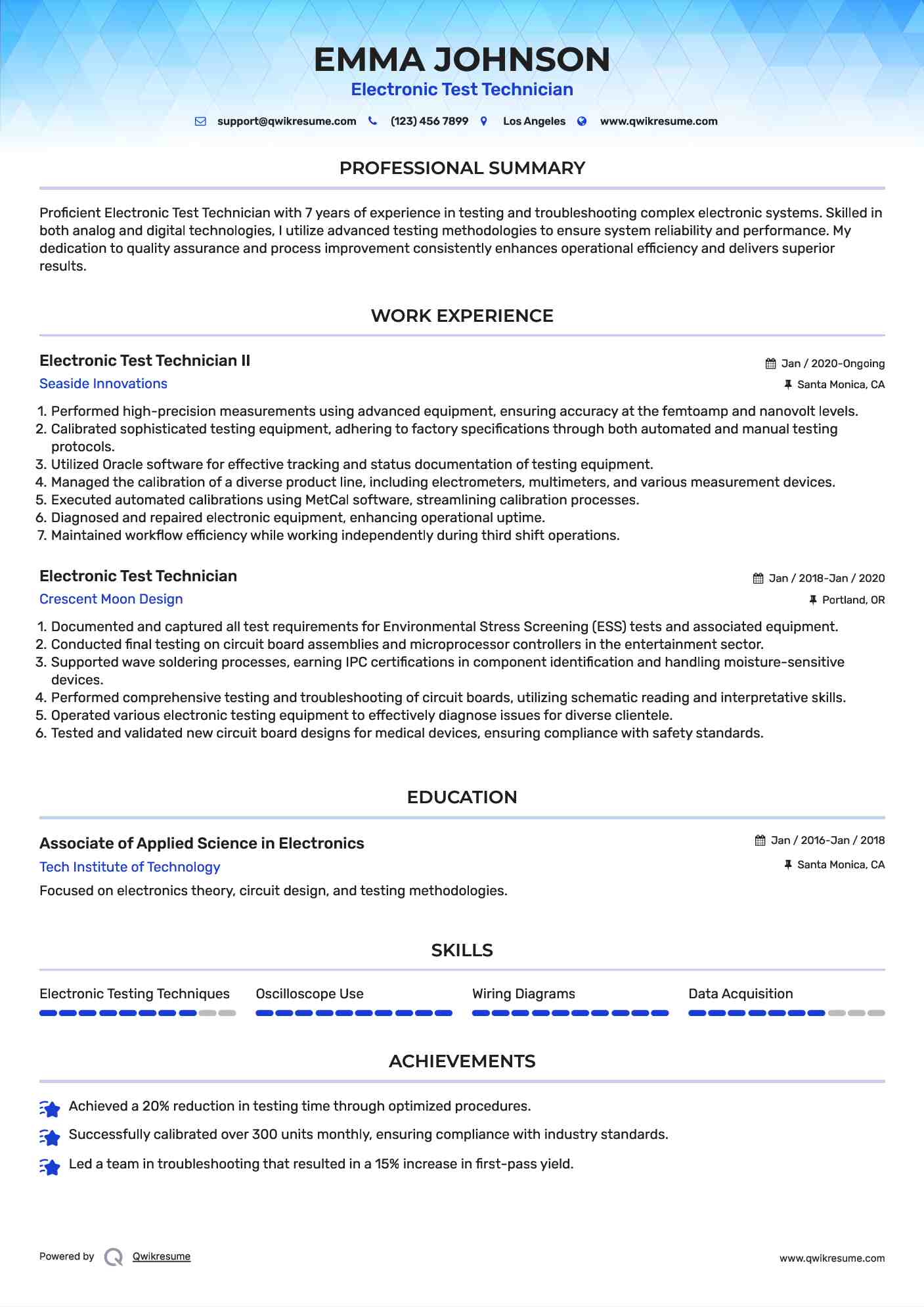 Electronic Test Technician II Resume Template
