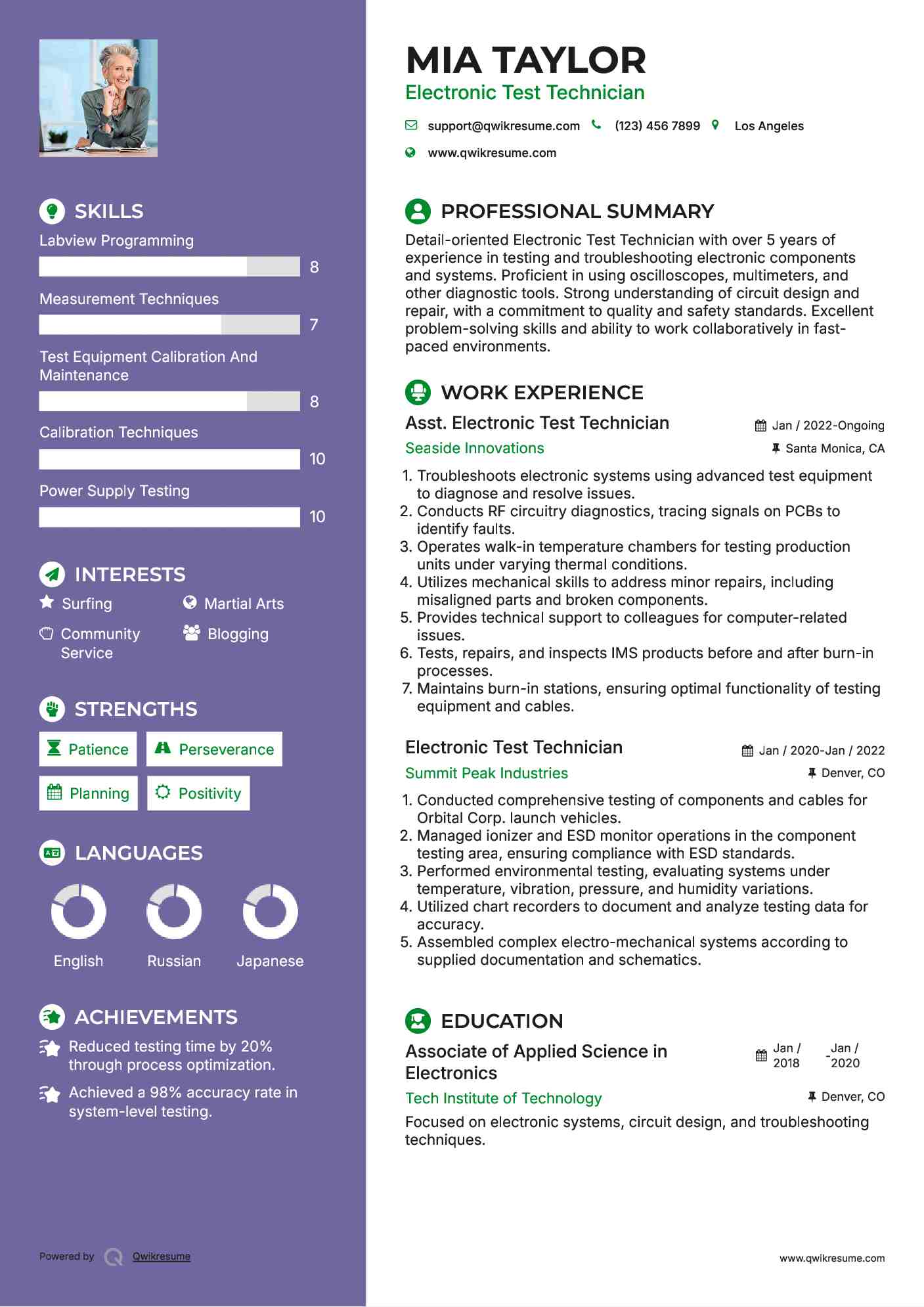 Asst. Electronic Test Technician Resume Format