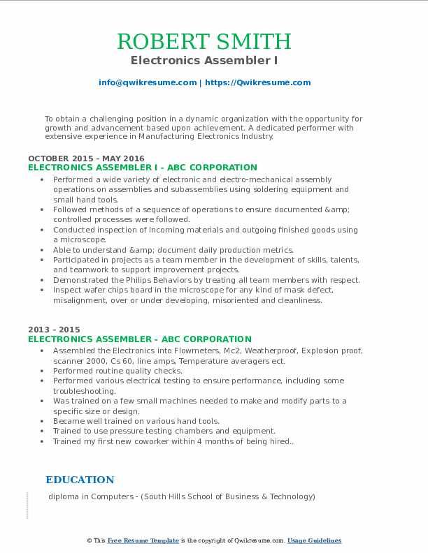 Electronics Assembler Resume Samples QwikResume