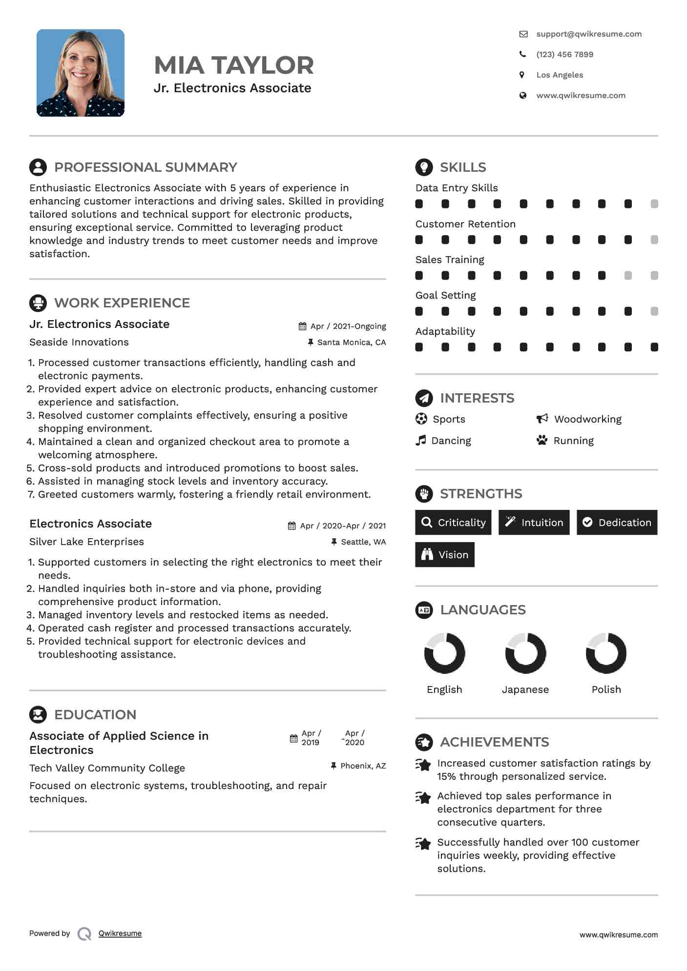 Jr. Electronics Associate Resume Sample