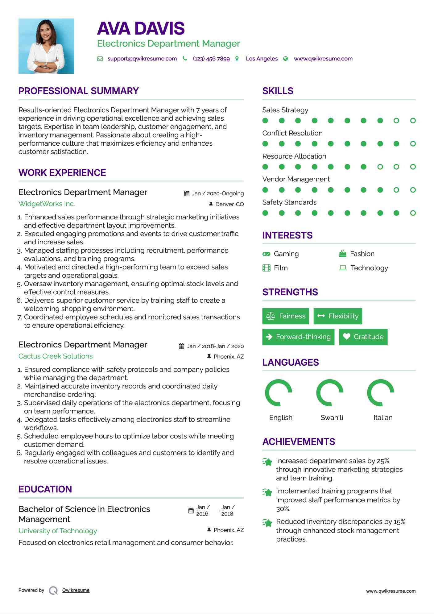 Electronics Department Manager Resume Model