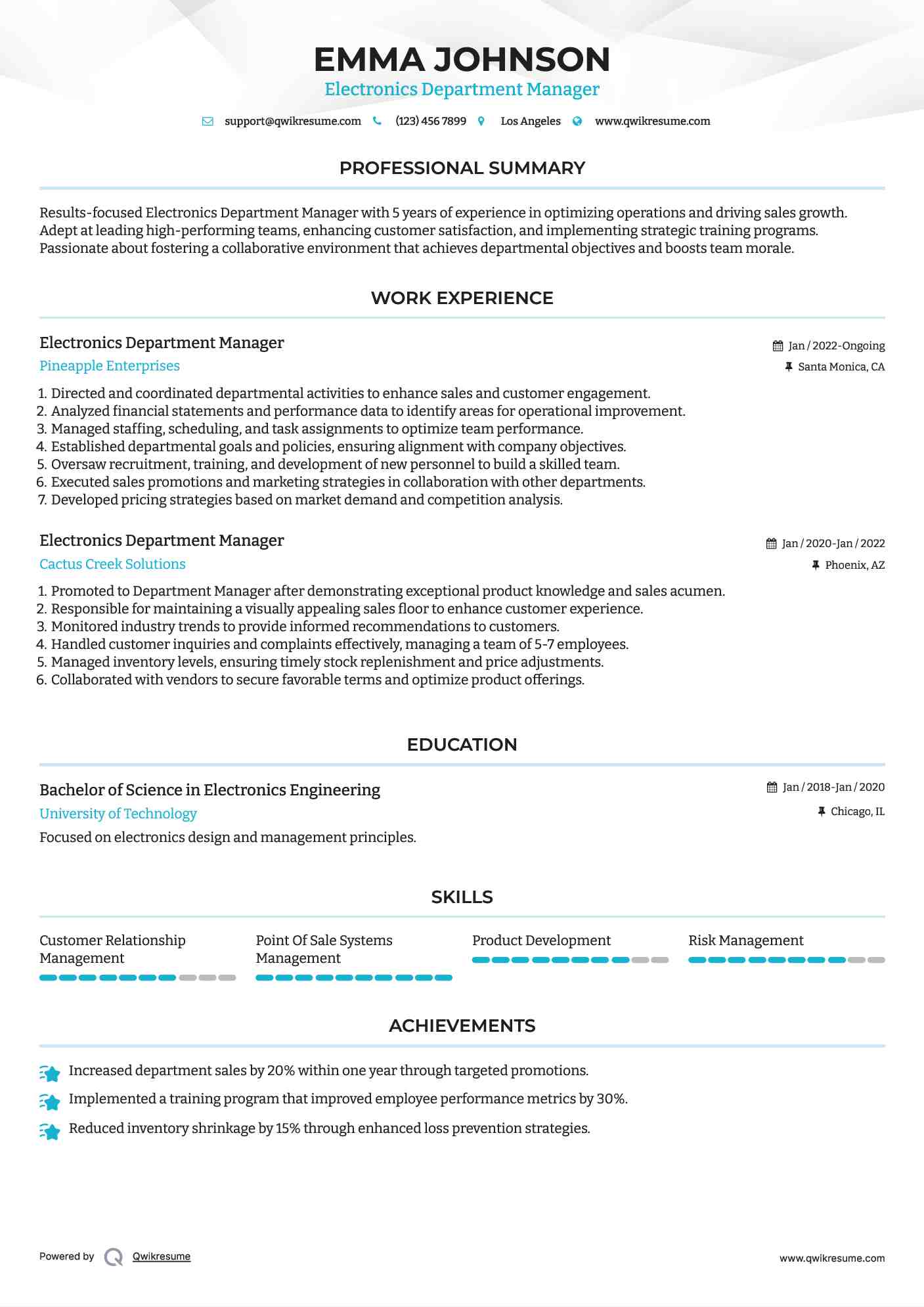 Electronics Department Manager Resume Model