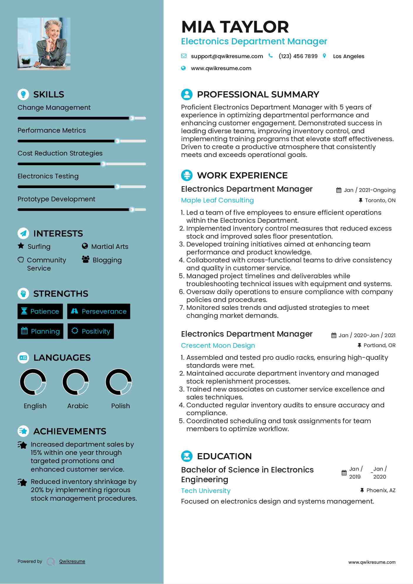 Electronics Department Manager Resume Model