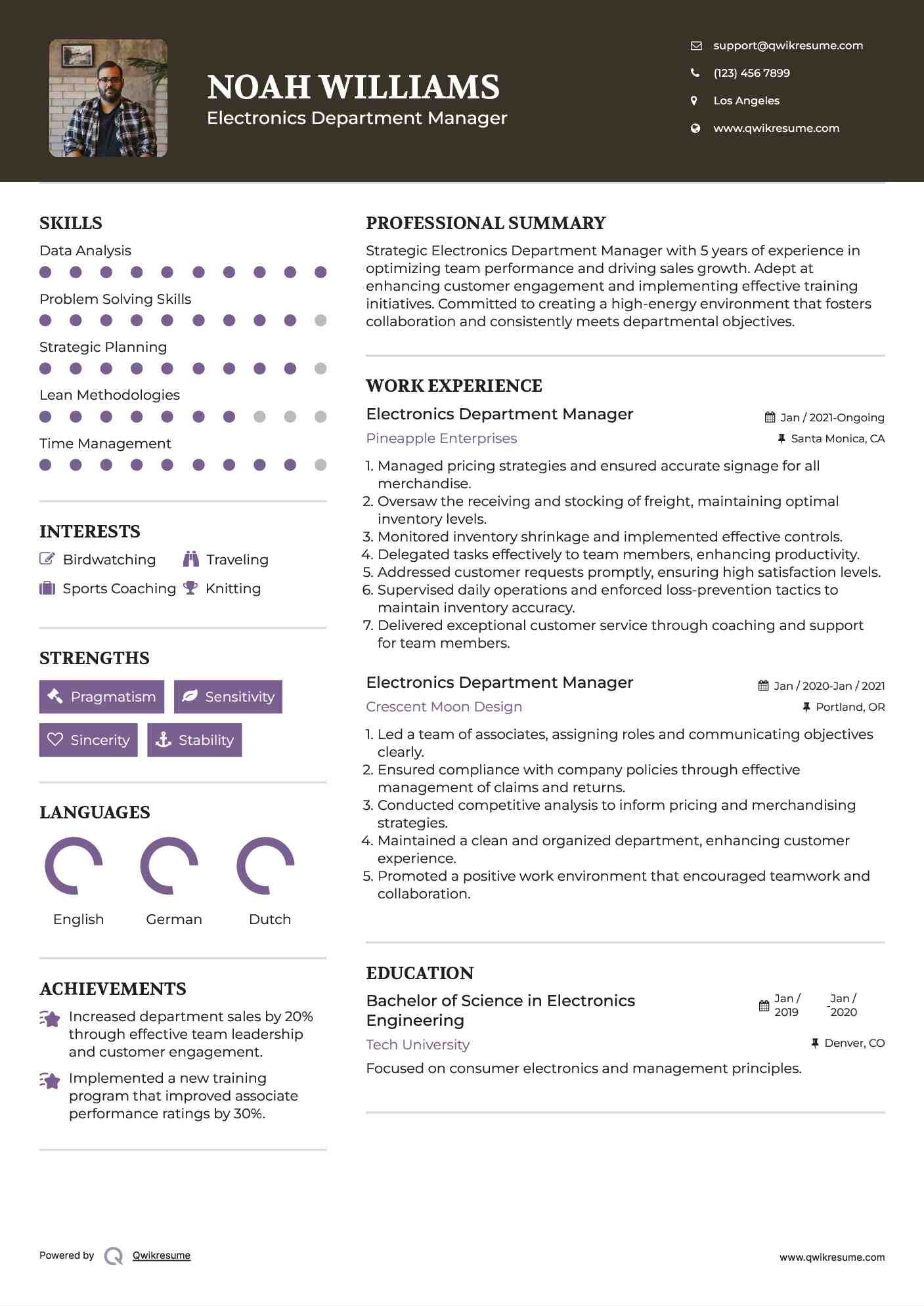 Electronics Department Manager Resume Model