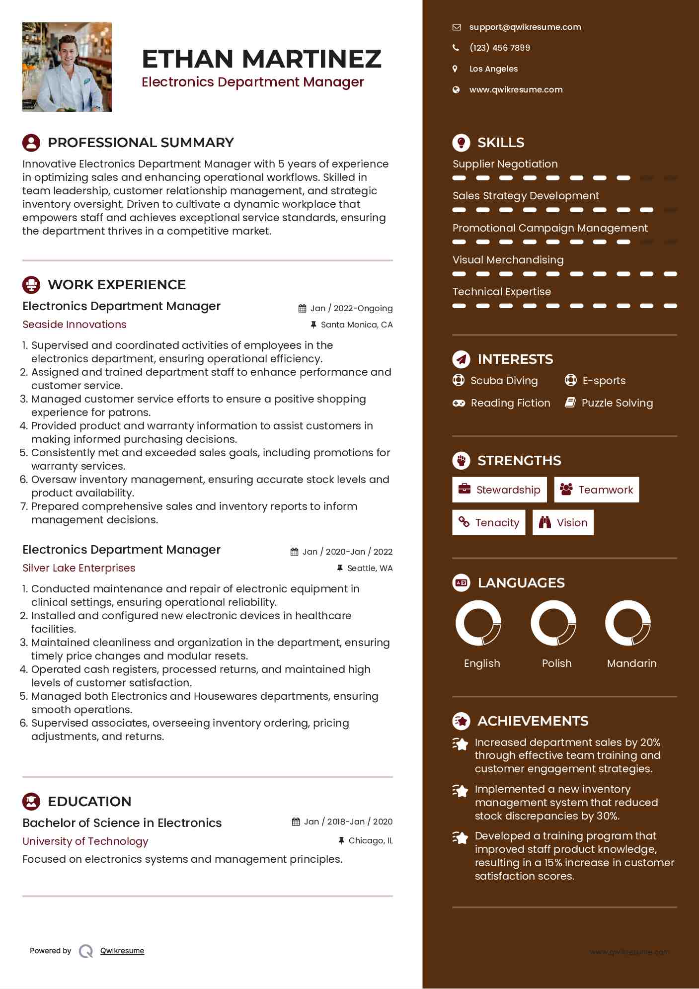 Electronics Department Manager Resume Sample