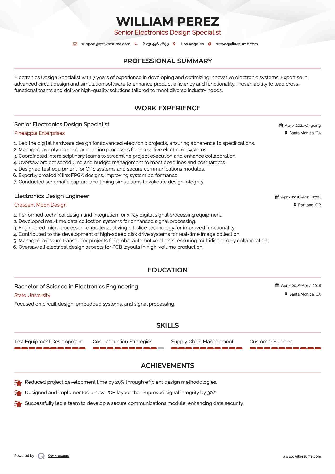 Senior Electronics Design Specialist Resume Sample