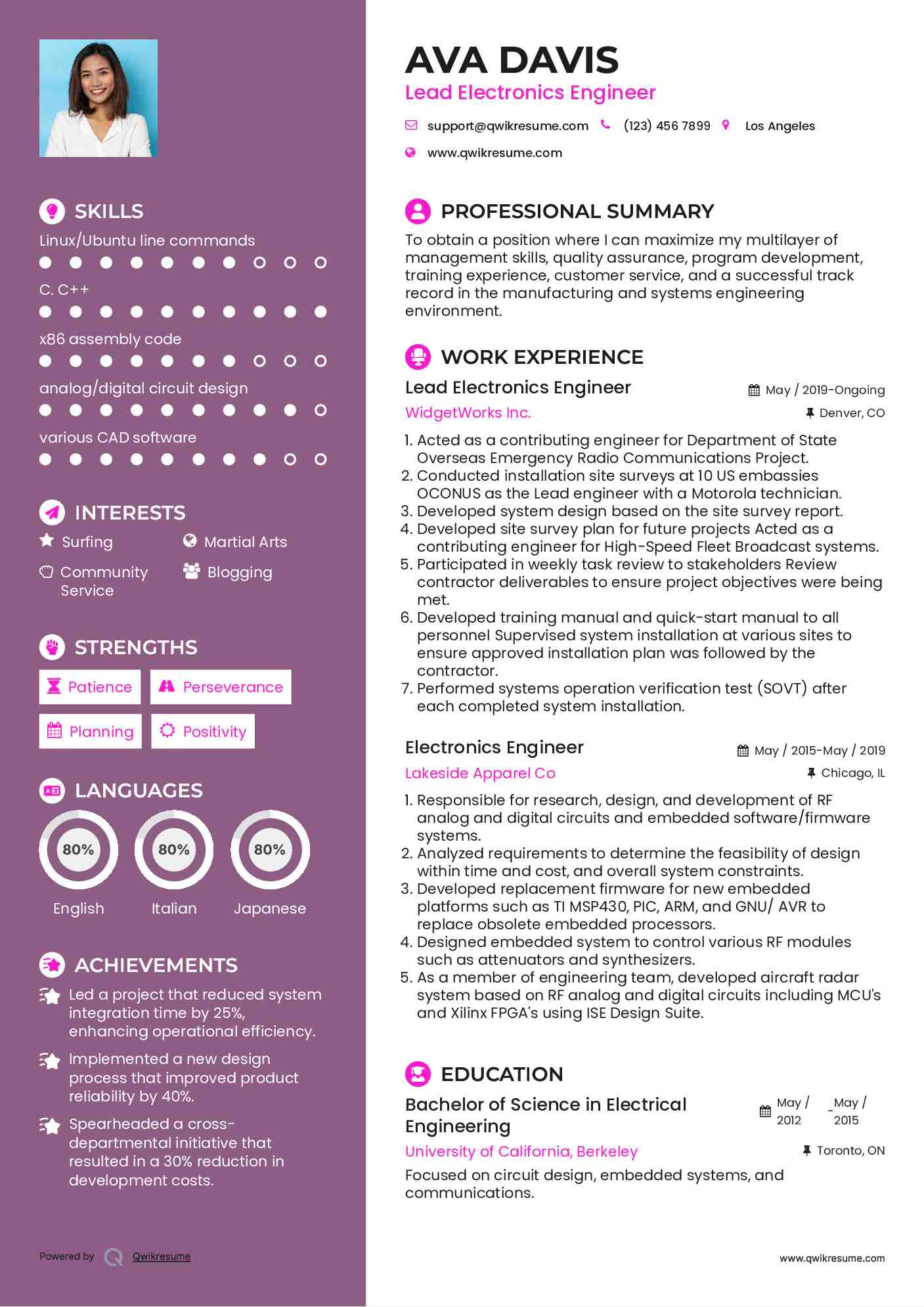 Electronics Engineer Resume Samples QwikResume
