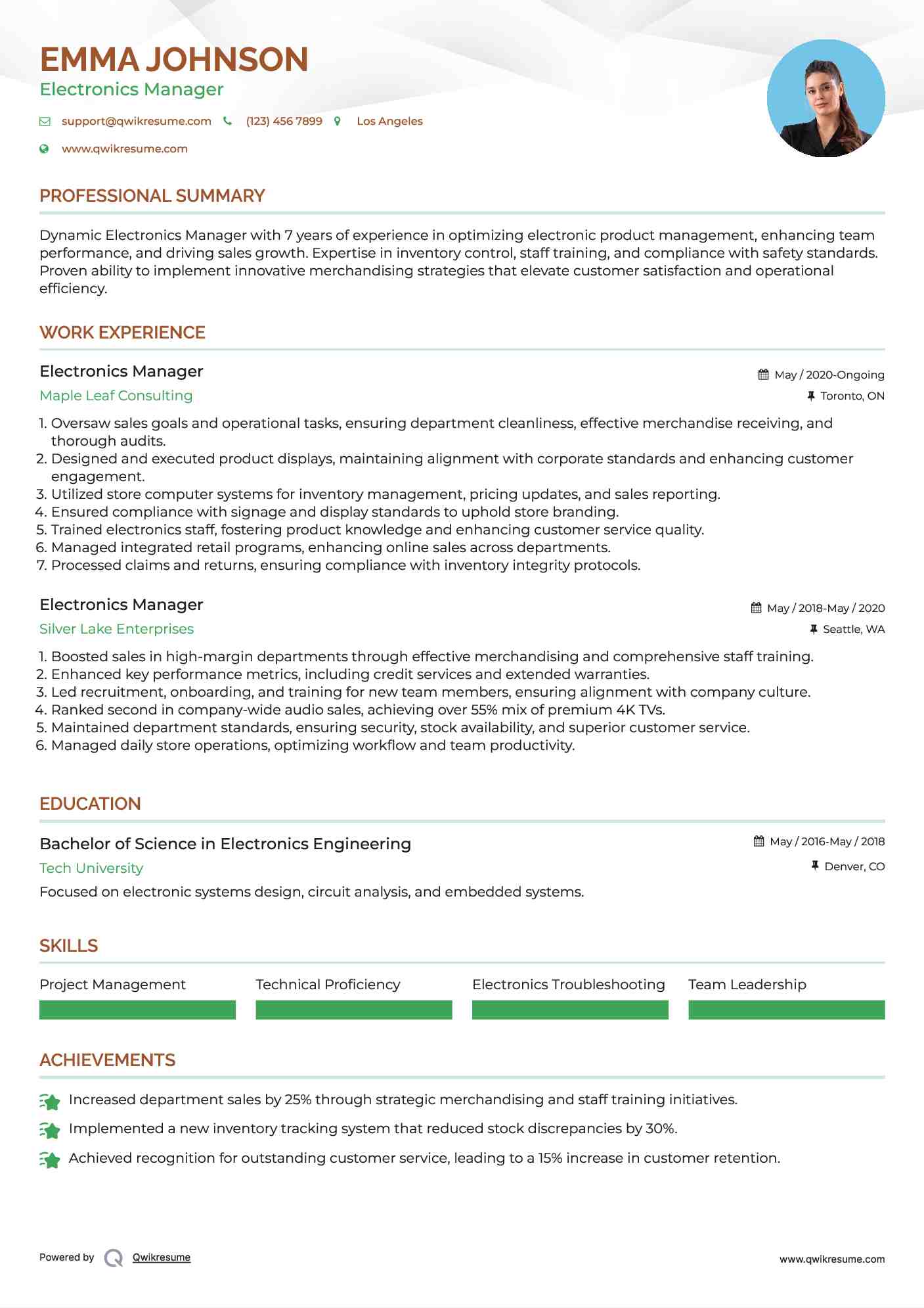Electronics Manager Resume Example
