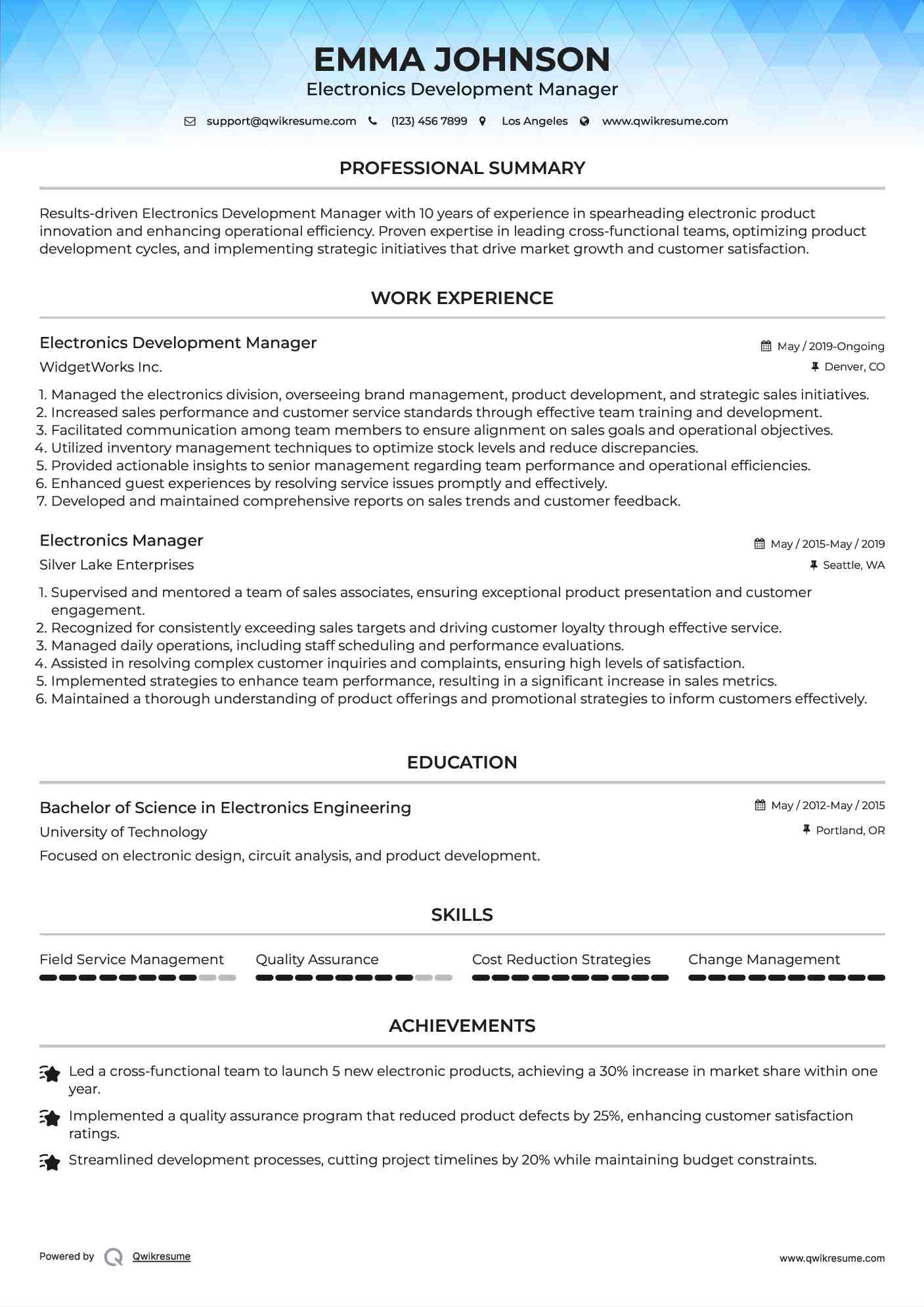 Electronics Development Manager Resume Sample