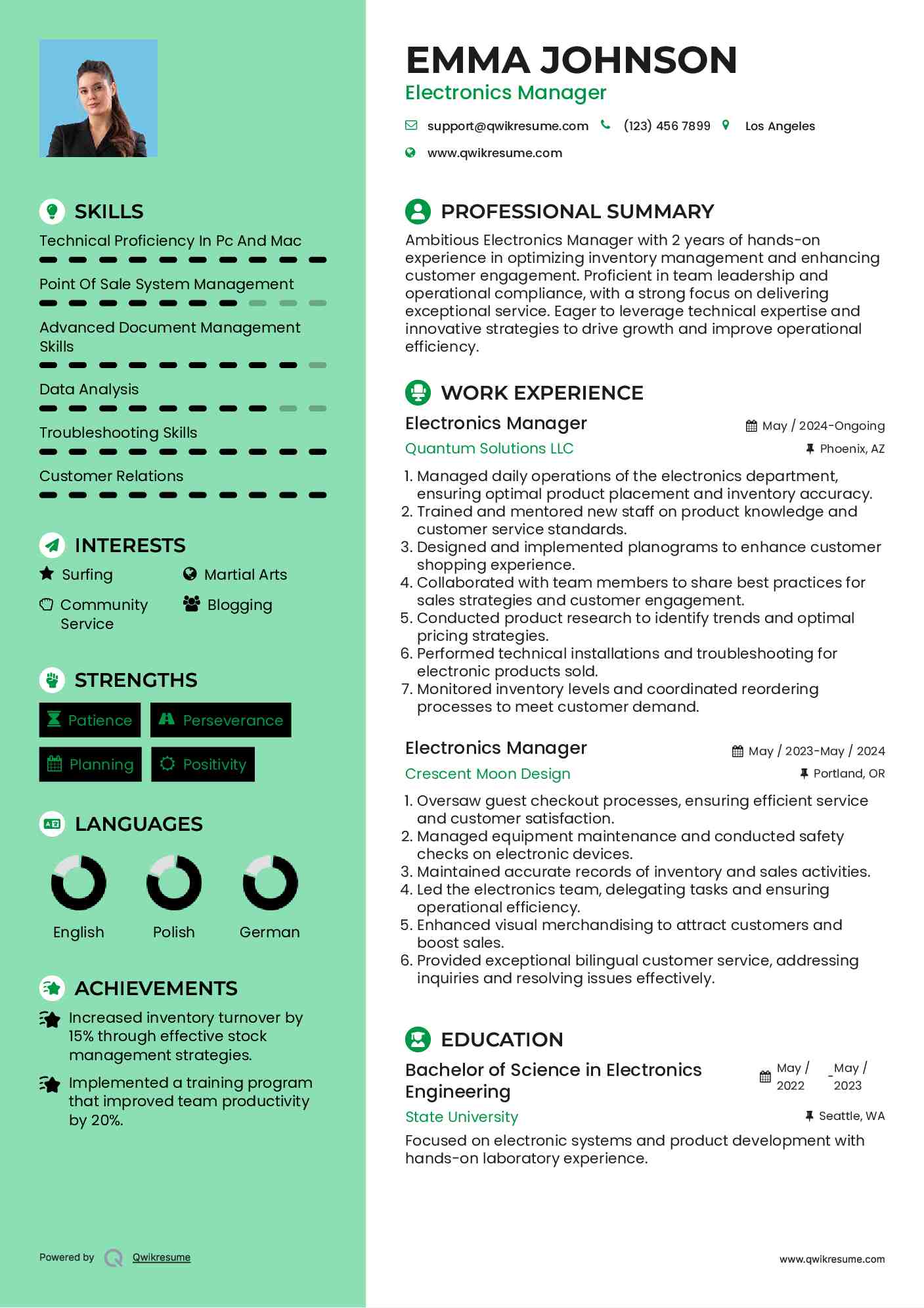 Electronics Manager Resume Sample