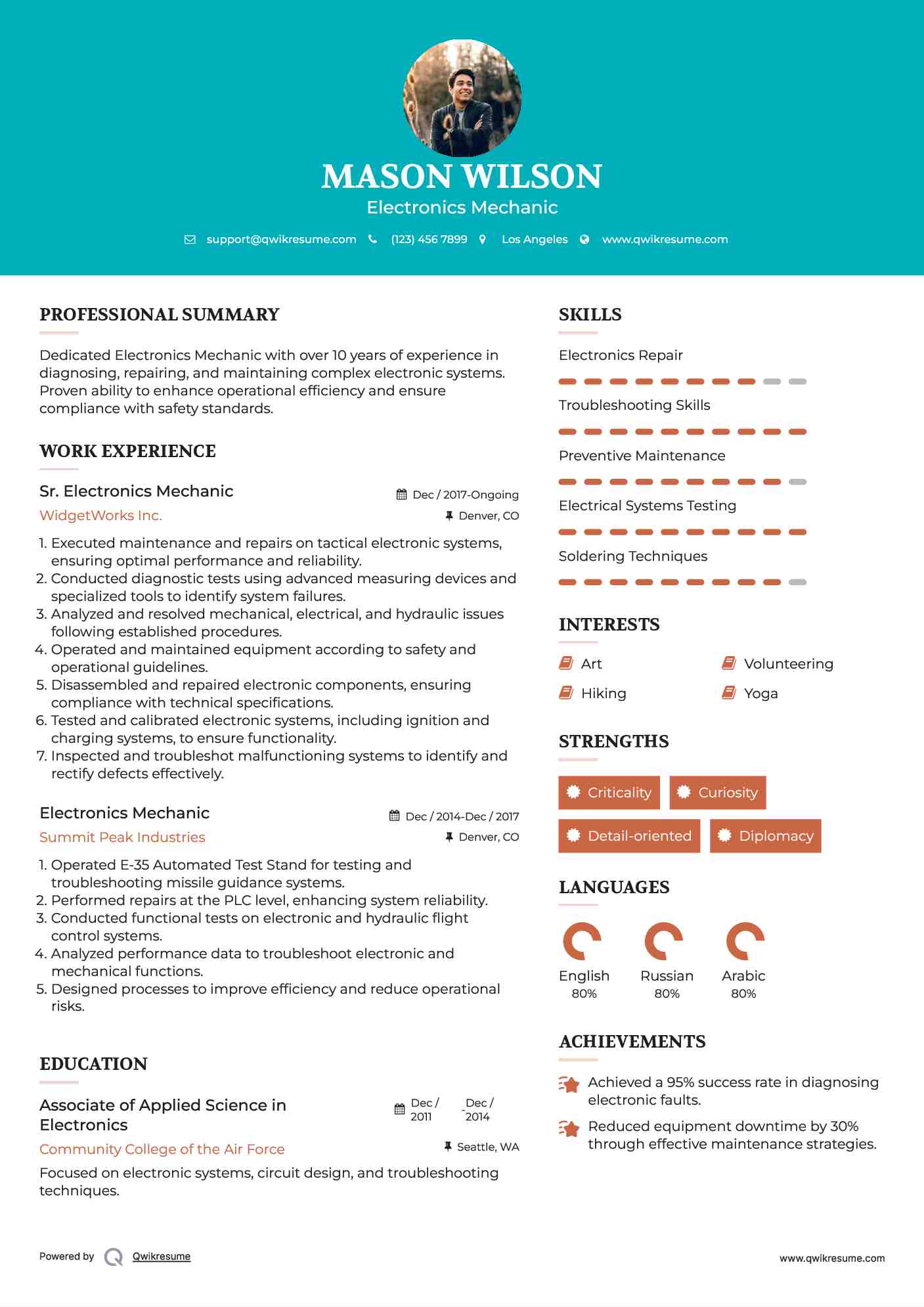 Sr. Electronics Mechanic Resume Template