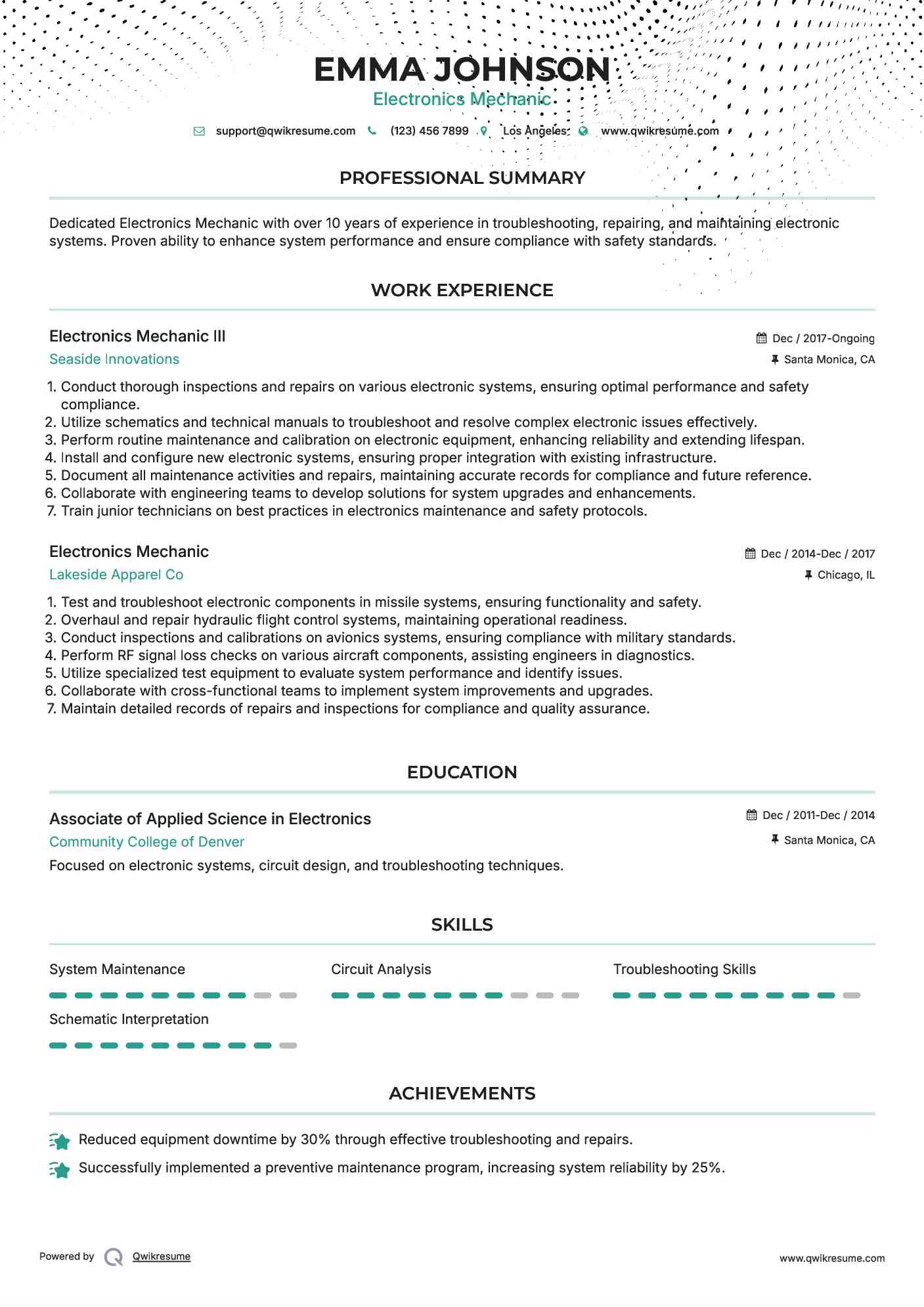 Electronics Mechanic III Resume Model