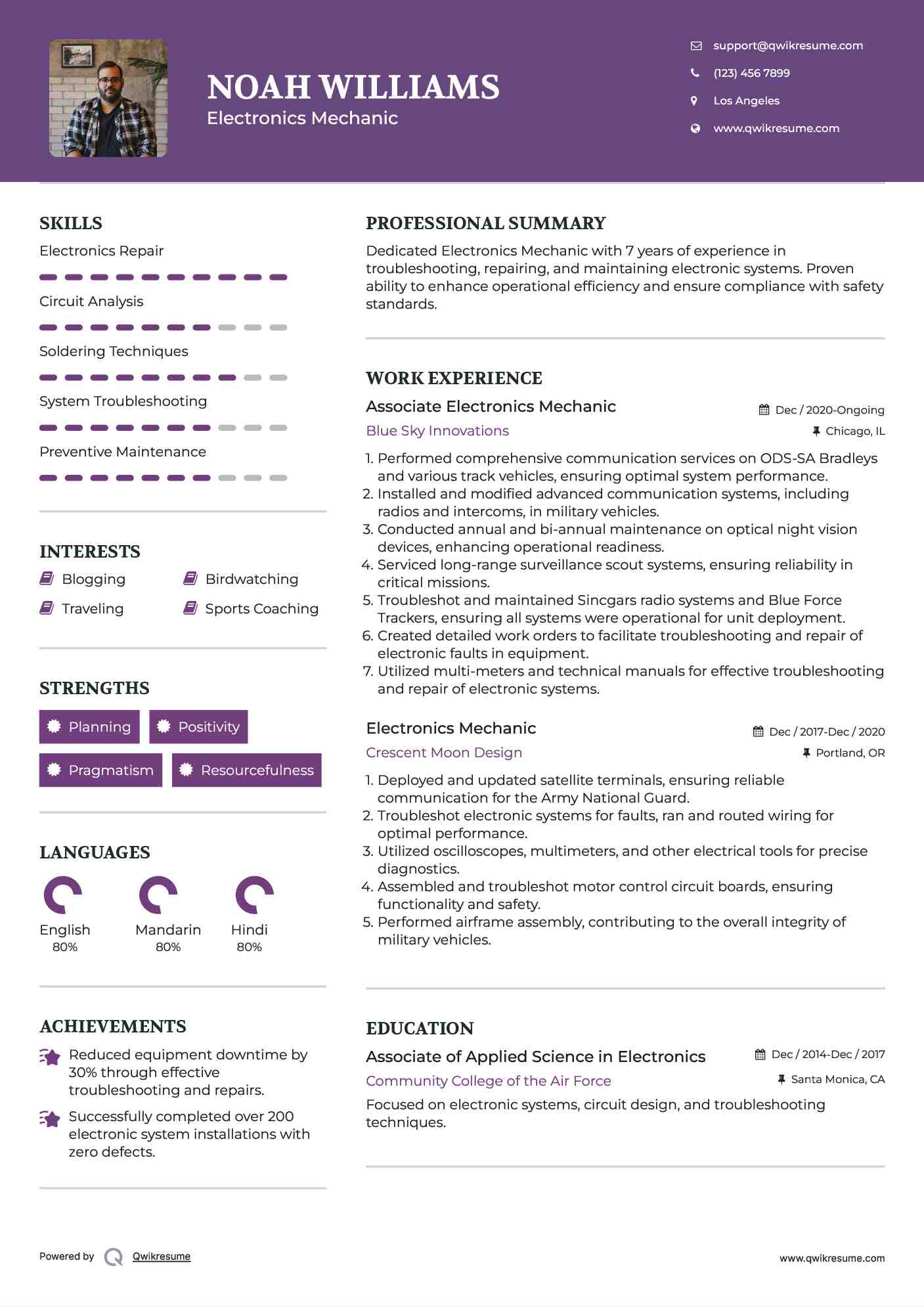 Associate Electronics Mechanic Resume Sample