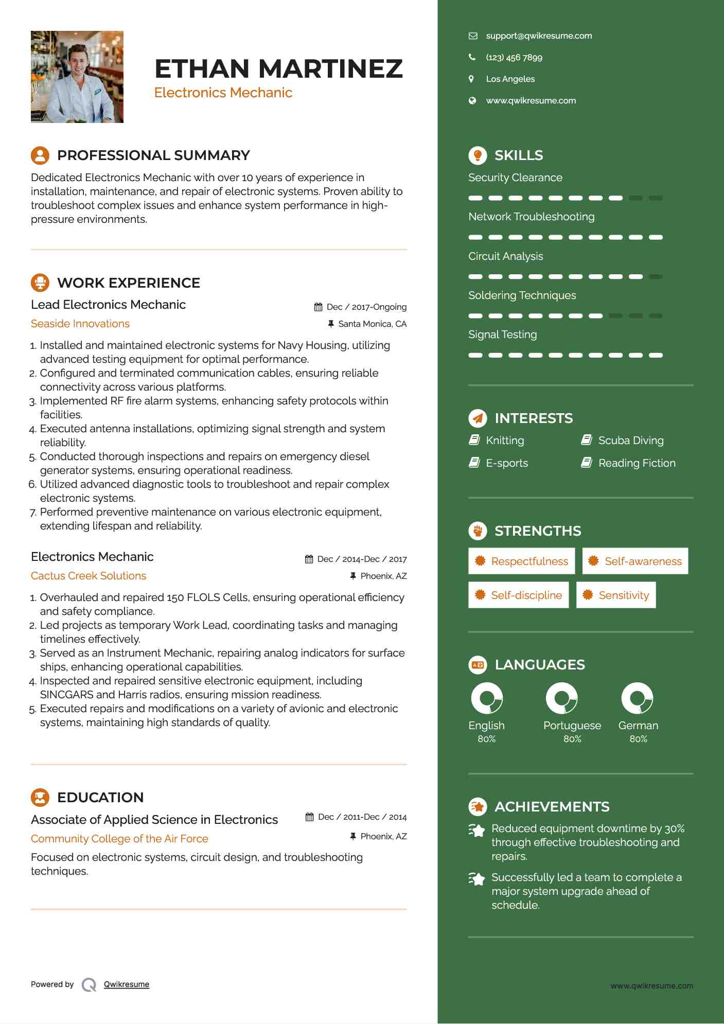 Lead Electronics Mechanic Resume Example