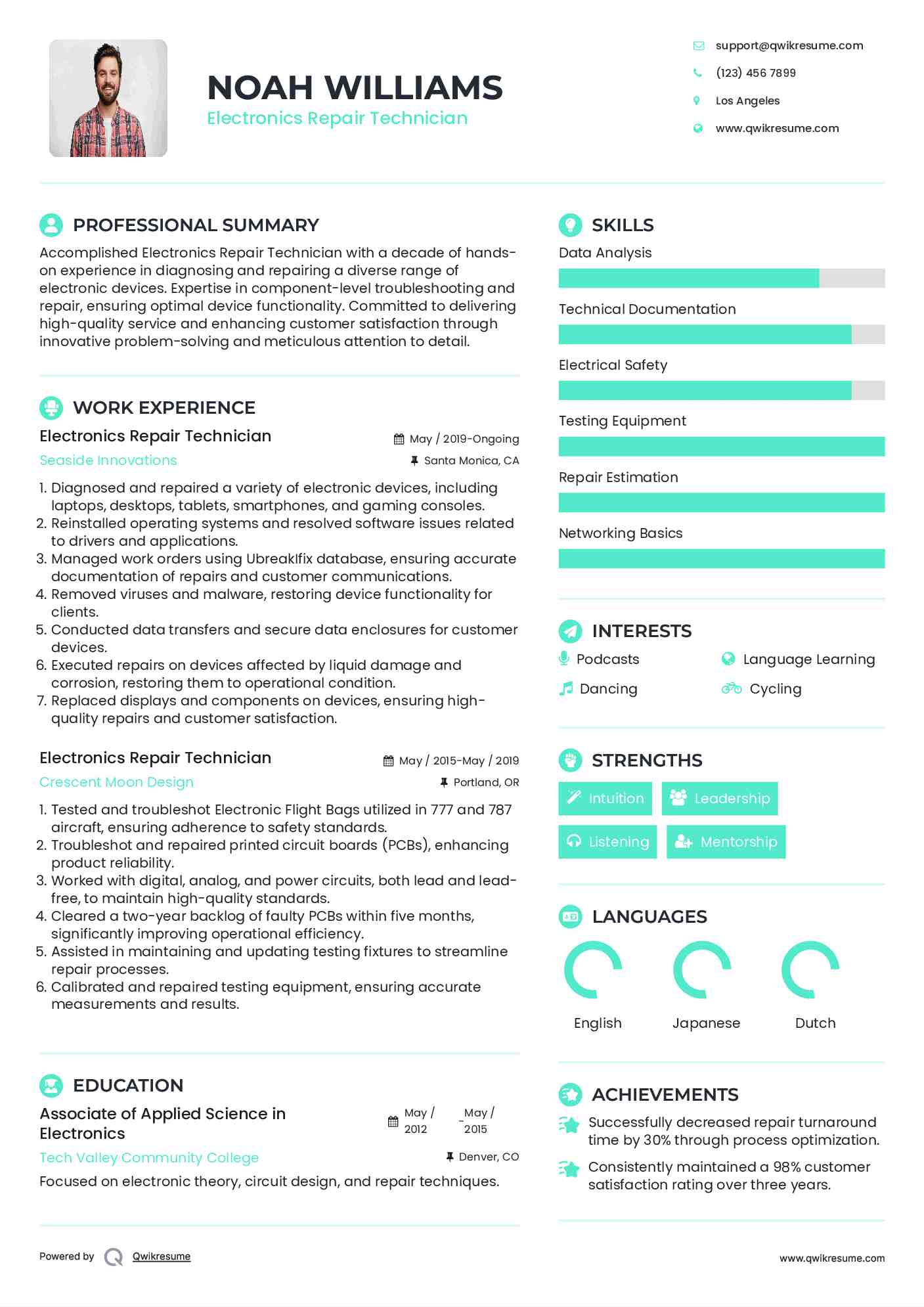 Electronics Repair Technician Resume Example