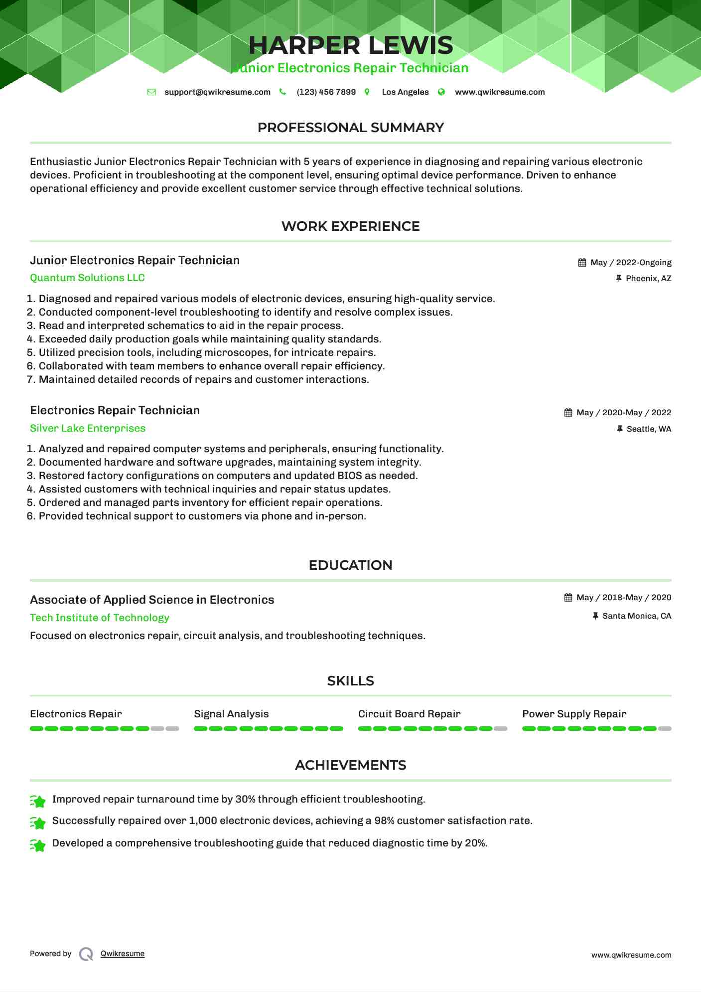 Junior Electronics Repair Technician Resume Model
