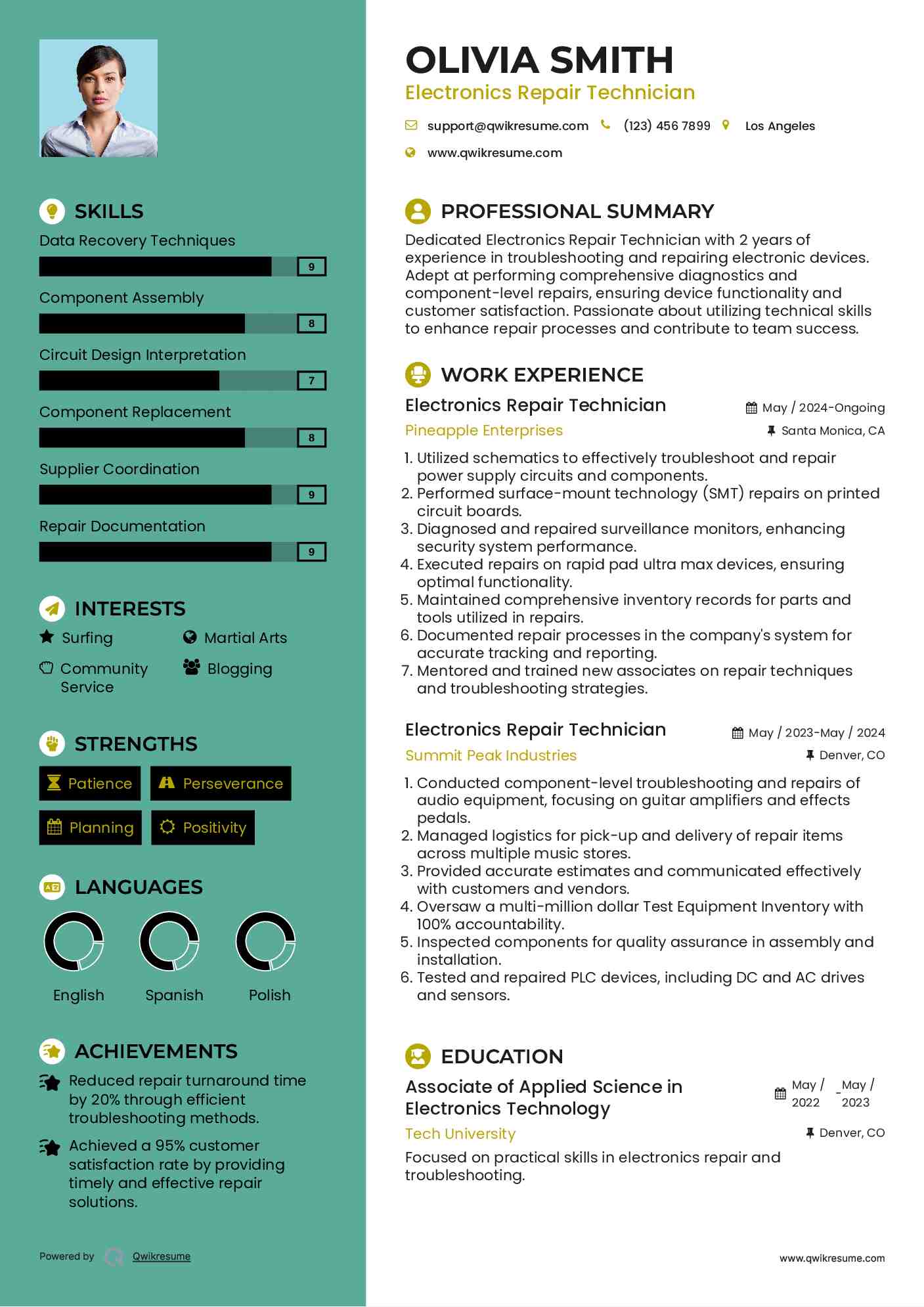 Electronics Repair Technician Resume Example