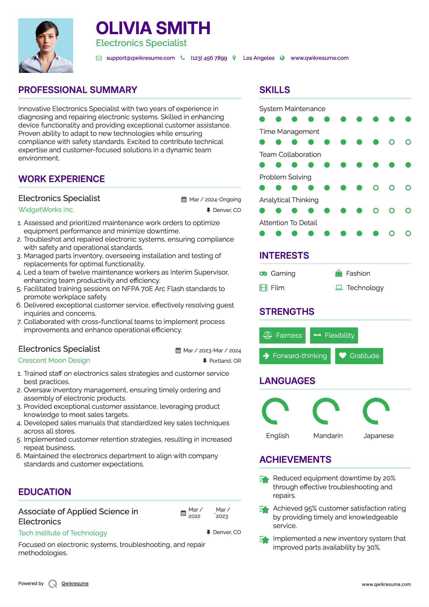 Electronics Specialist Resume Example