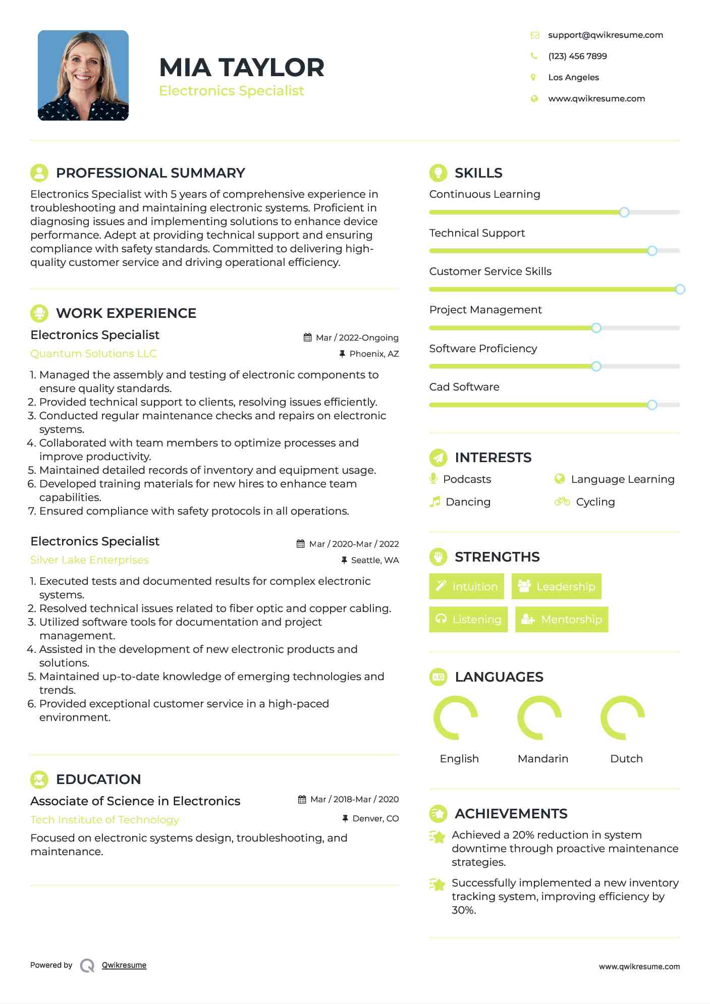 Electronics Specialist Resume Example