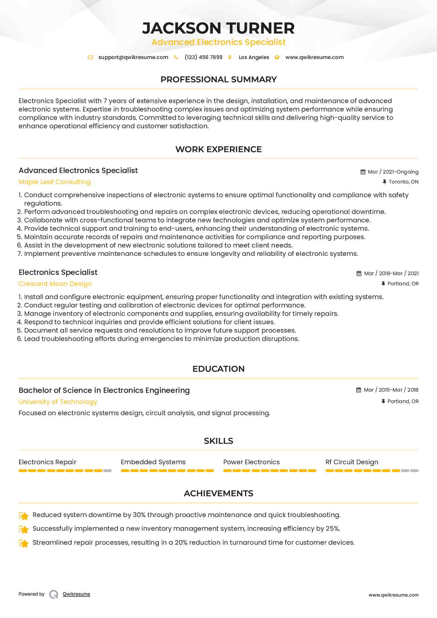 Advanced Electronics Specialist Resume Model