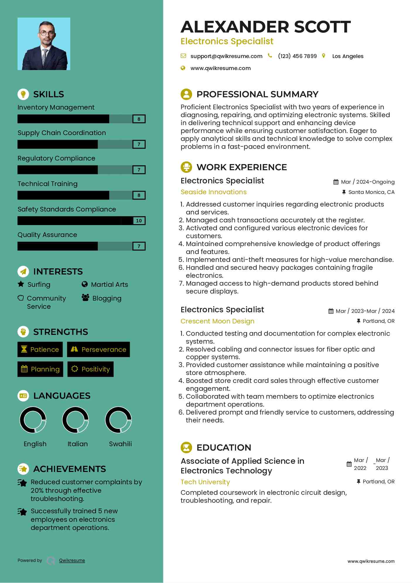 Electronics Specialist Resume Example