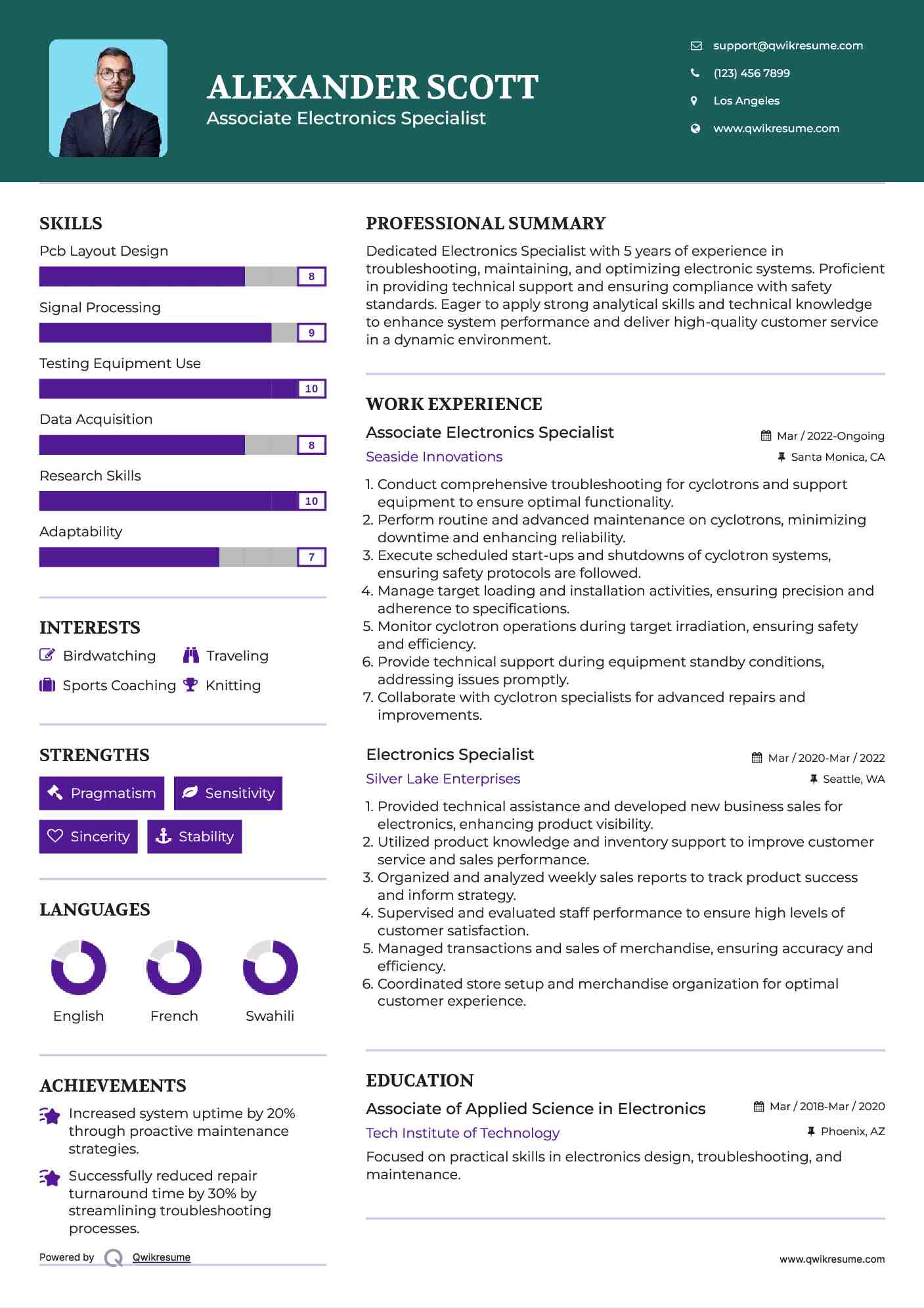 Associate Electronics Specialist Resume Example