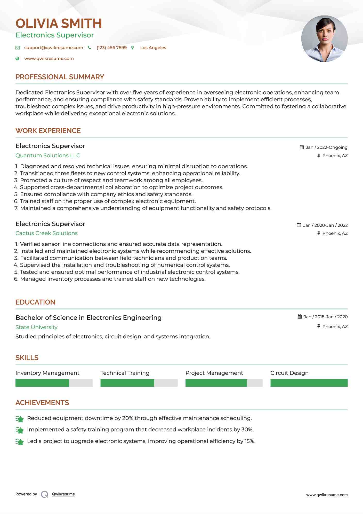 Electronics Supervisor Resume Model