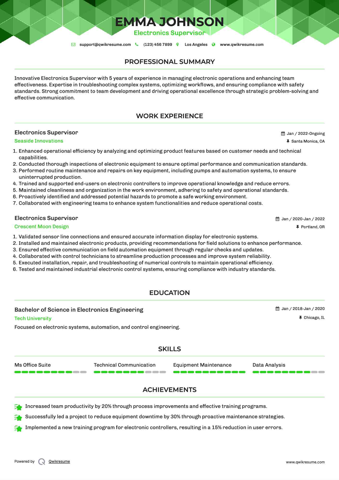 Electronics Supervisor Resume Format