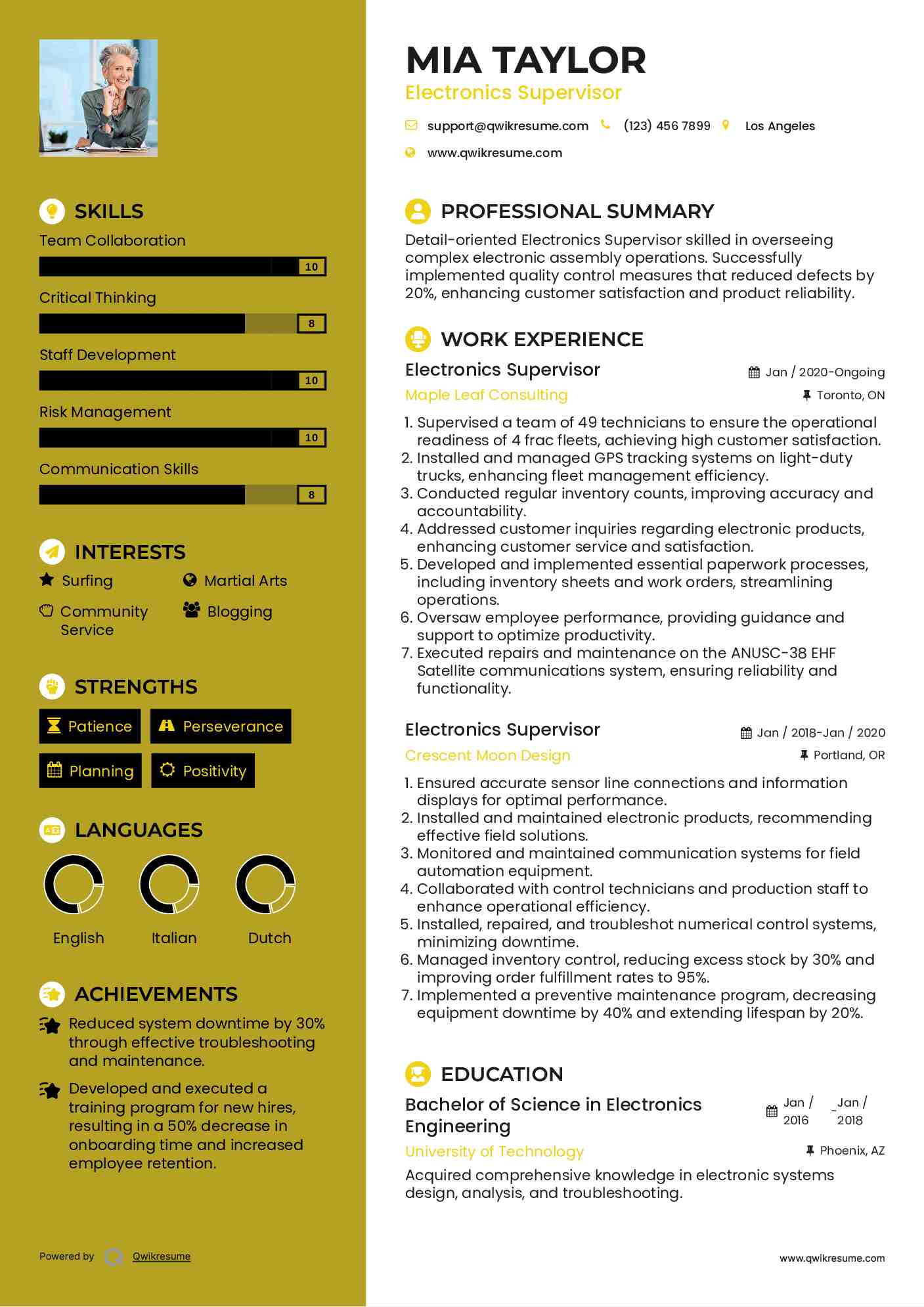 Electronics Supervisor Resume Sample