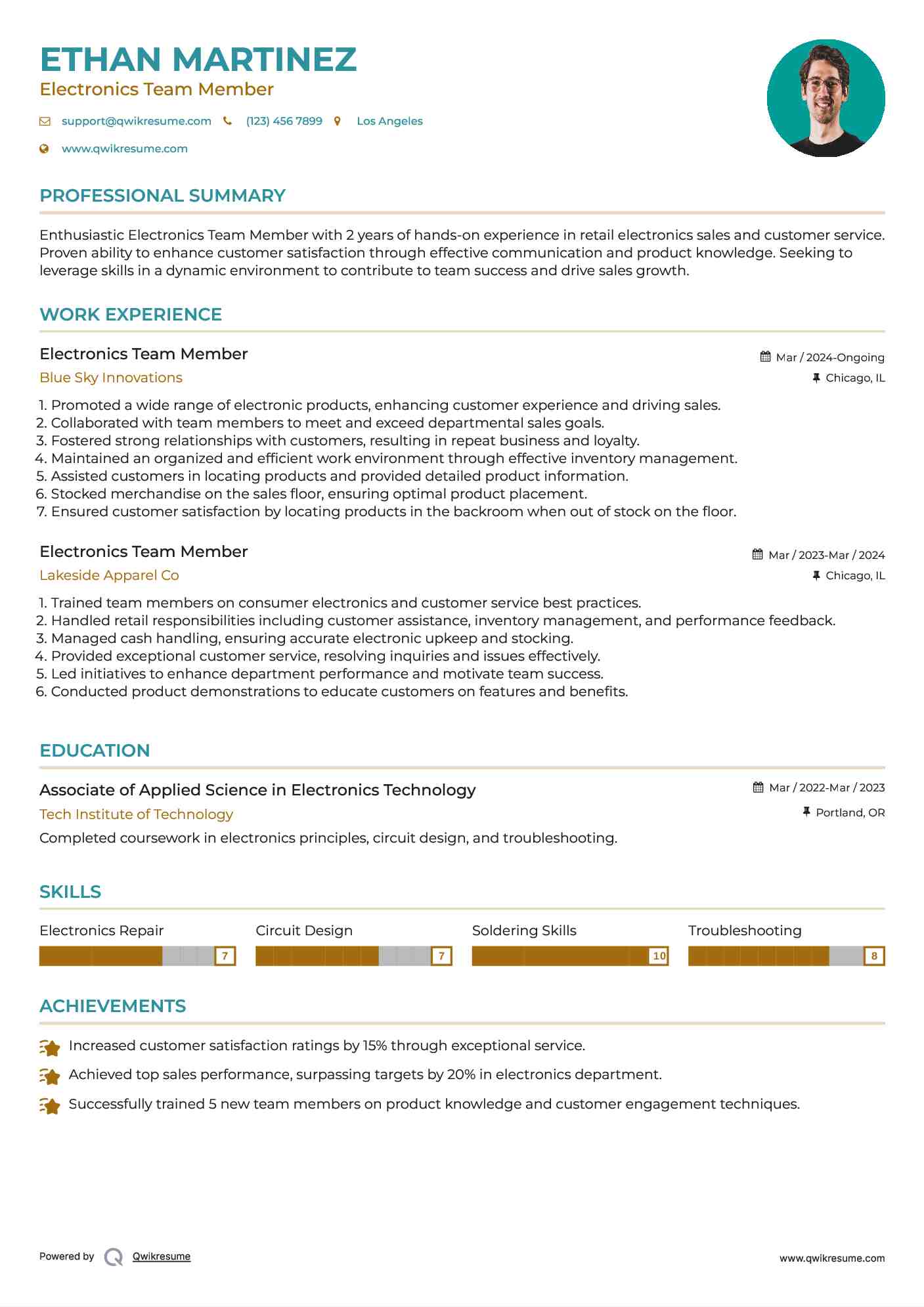 Electronics Team Member Resume Sample