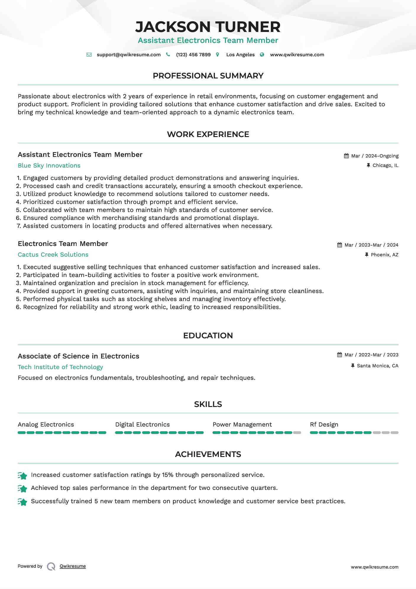 Assistant Electronics Team Member  Resume Sample