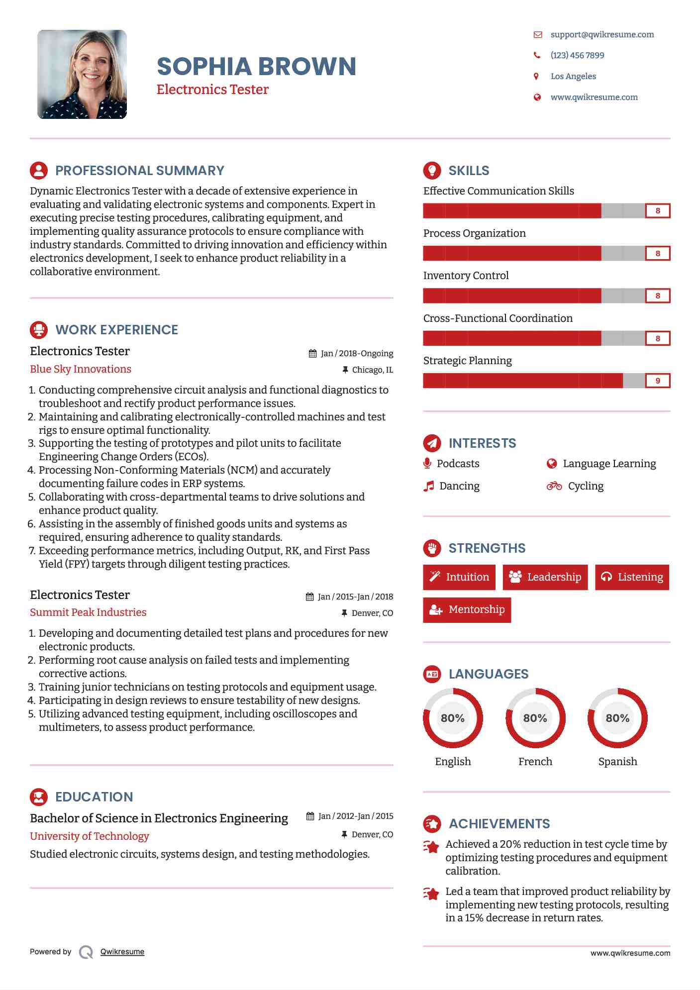 Electronics Tester Resume Example