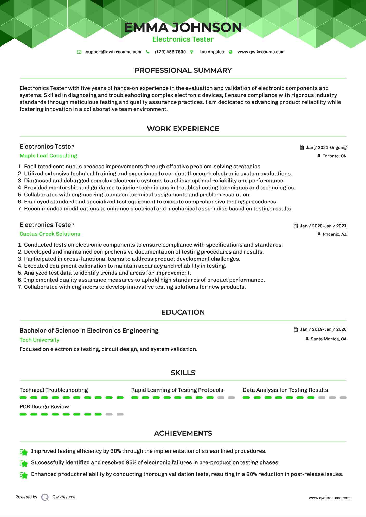 Electronics Tester Resume Template