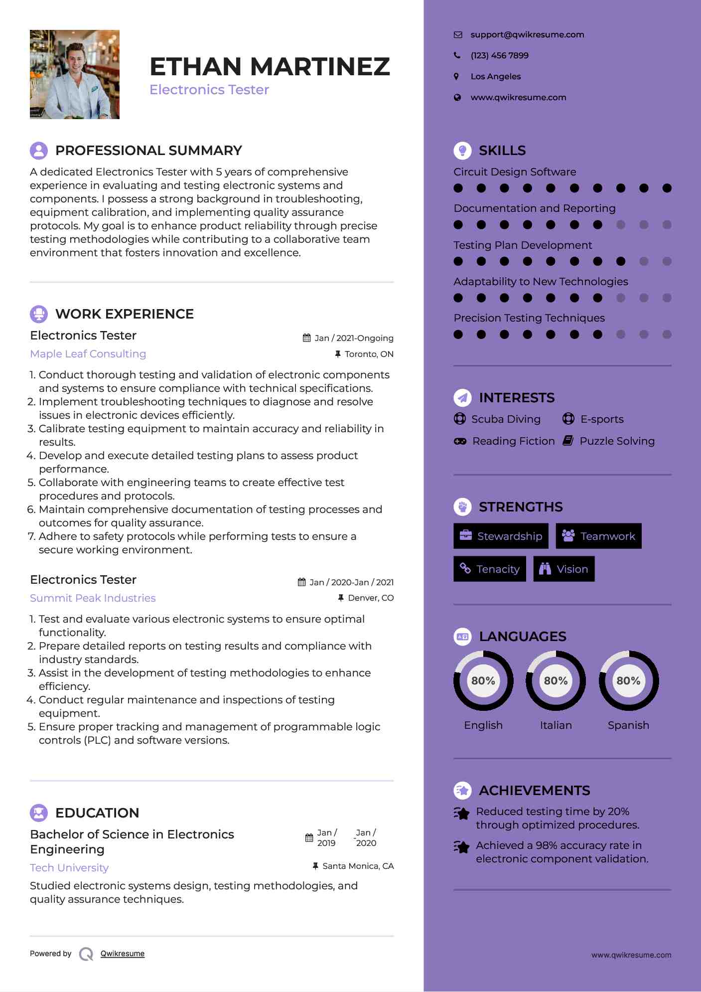 Electronics Tester Resume Example
