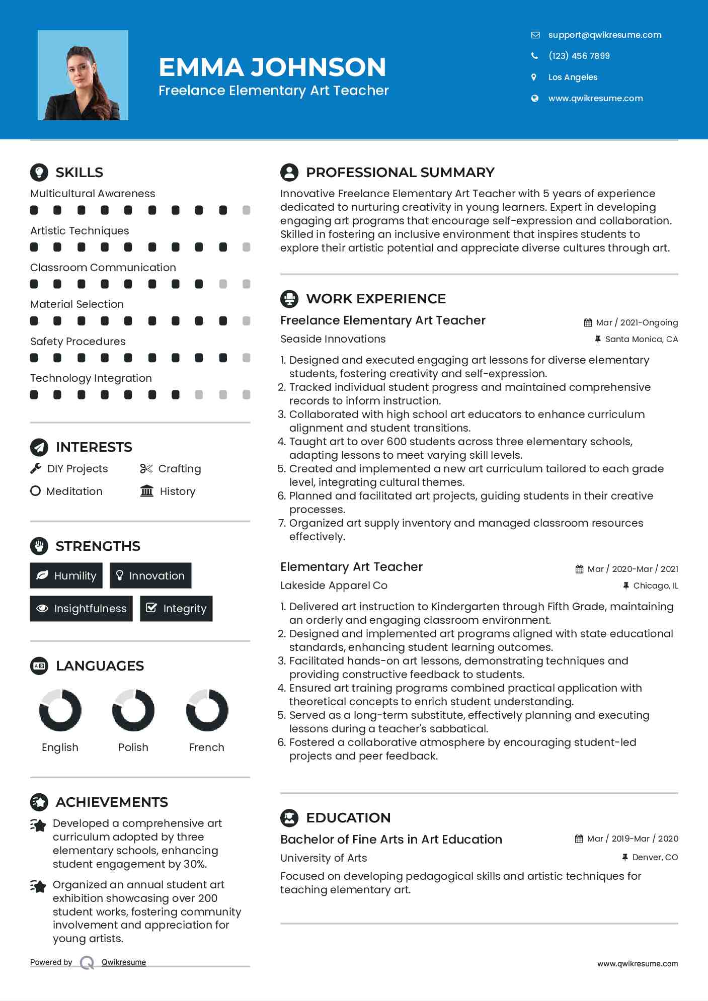 Freelance Elementary Art Teacher Resume Format