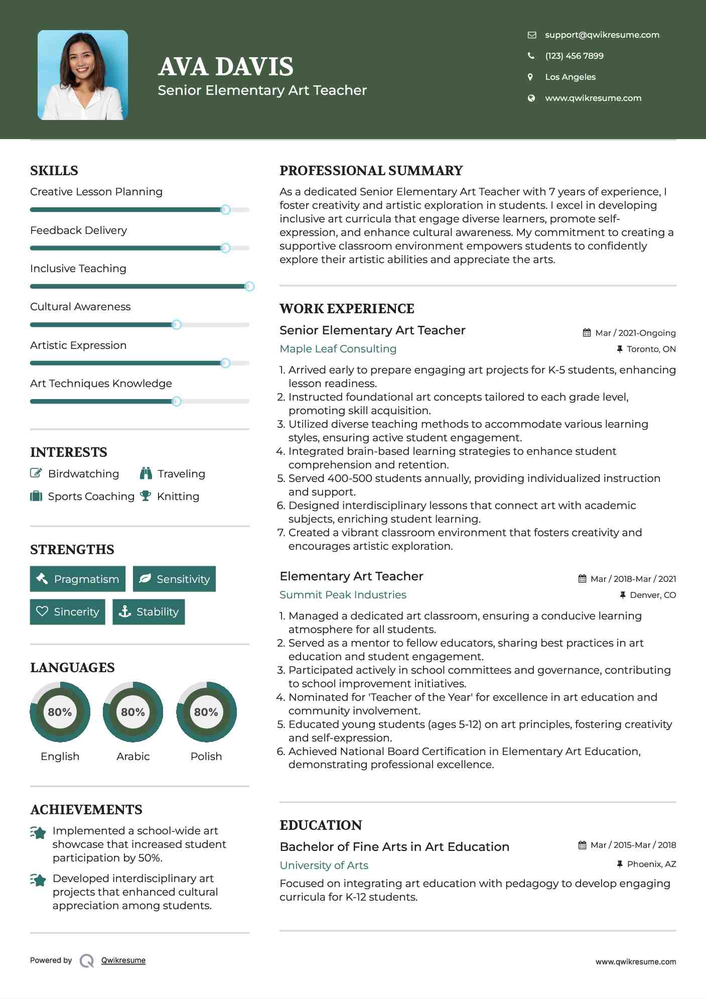 Senior Elementary Art Teacher Resume Sample