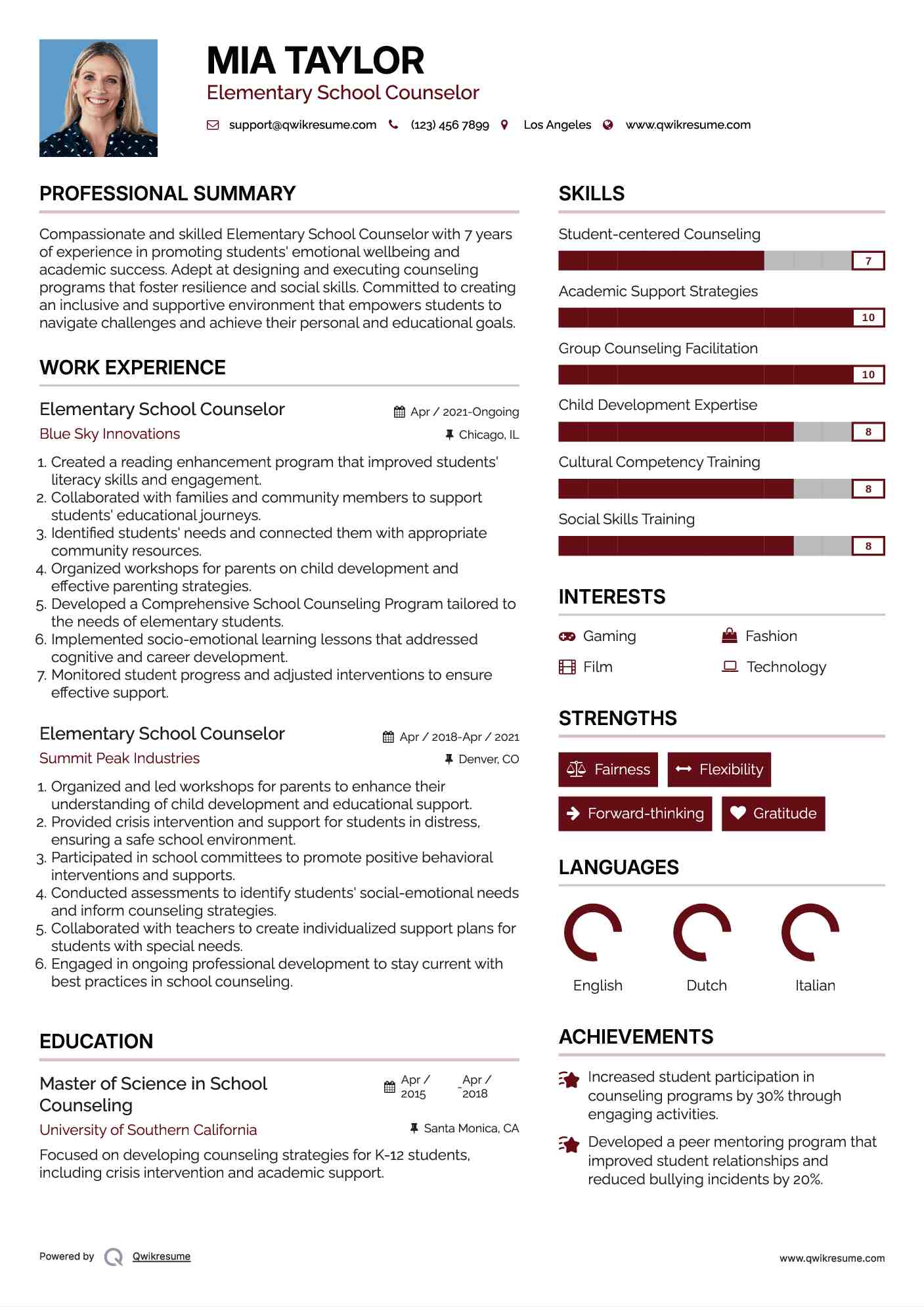 Elementary School Counselor Resume Format