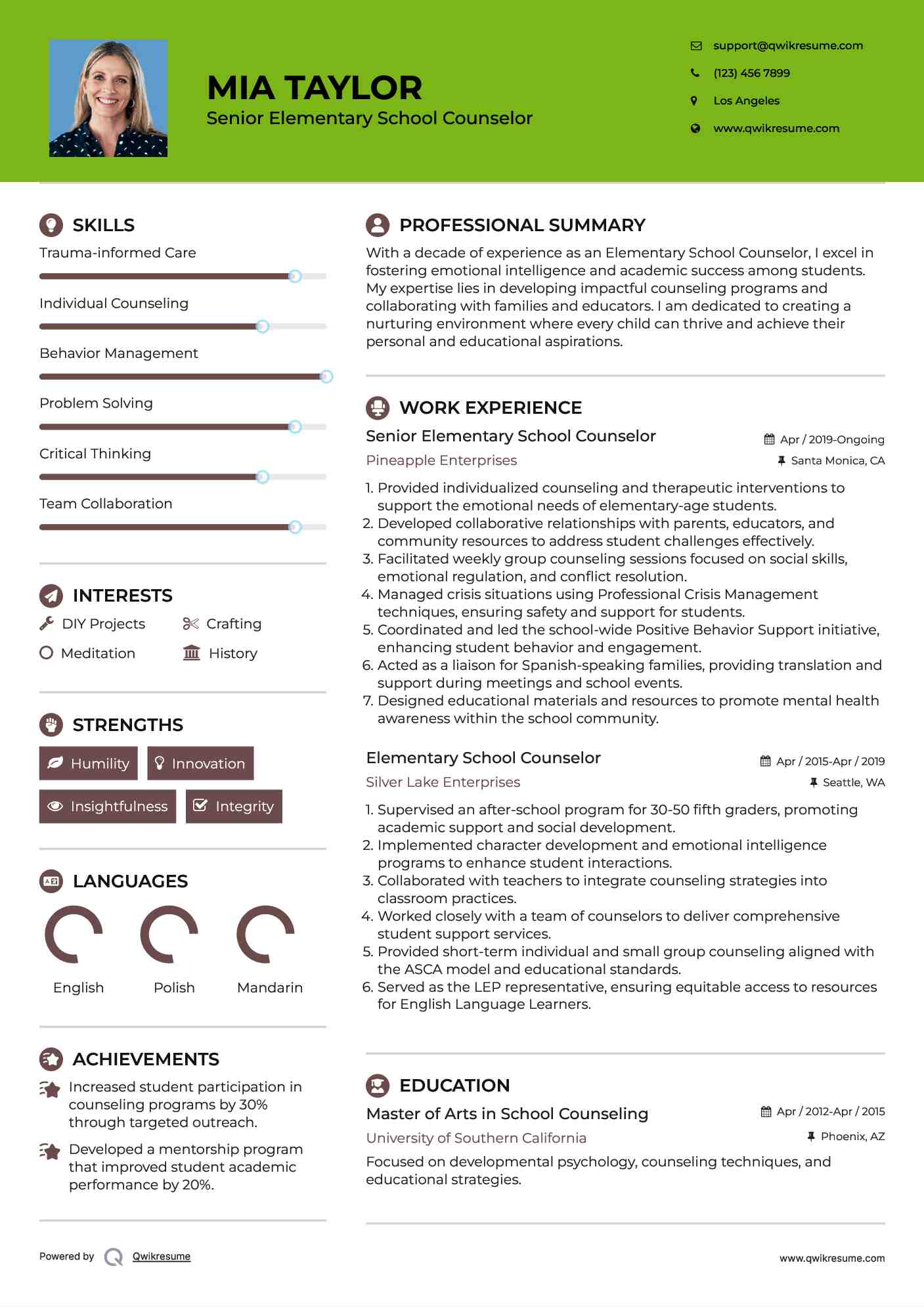 Senior Elementary School Counselor Resume Model