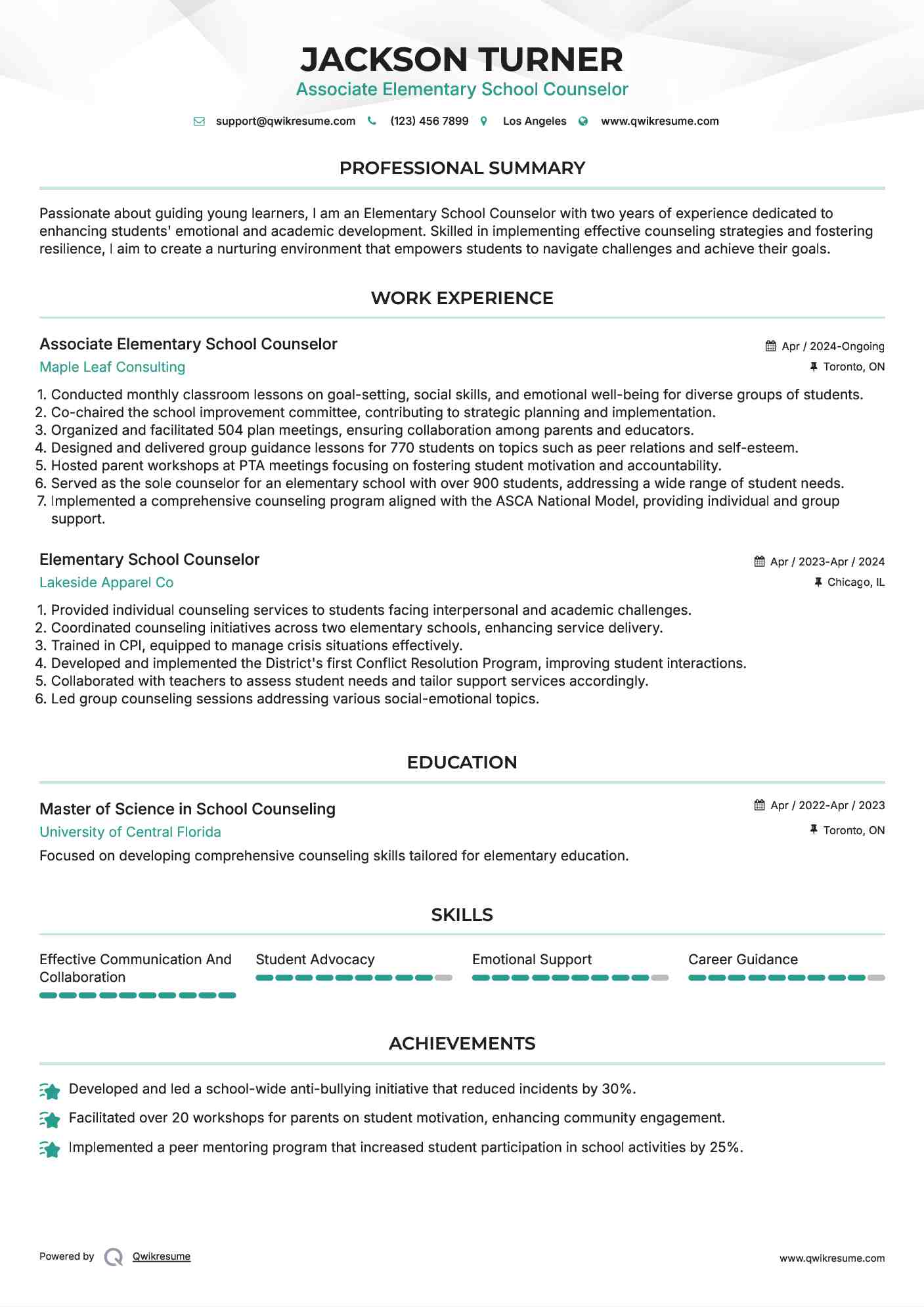 Associate Elementary School Counselor Resume Format
